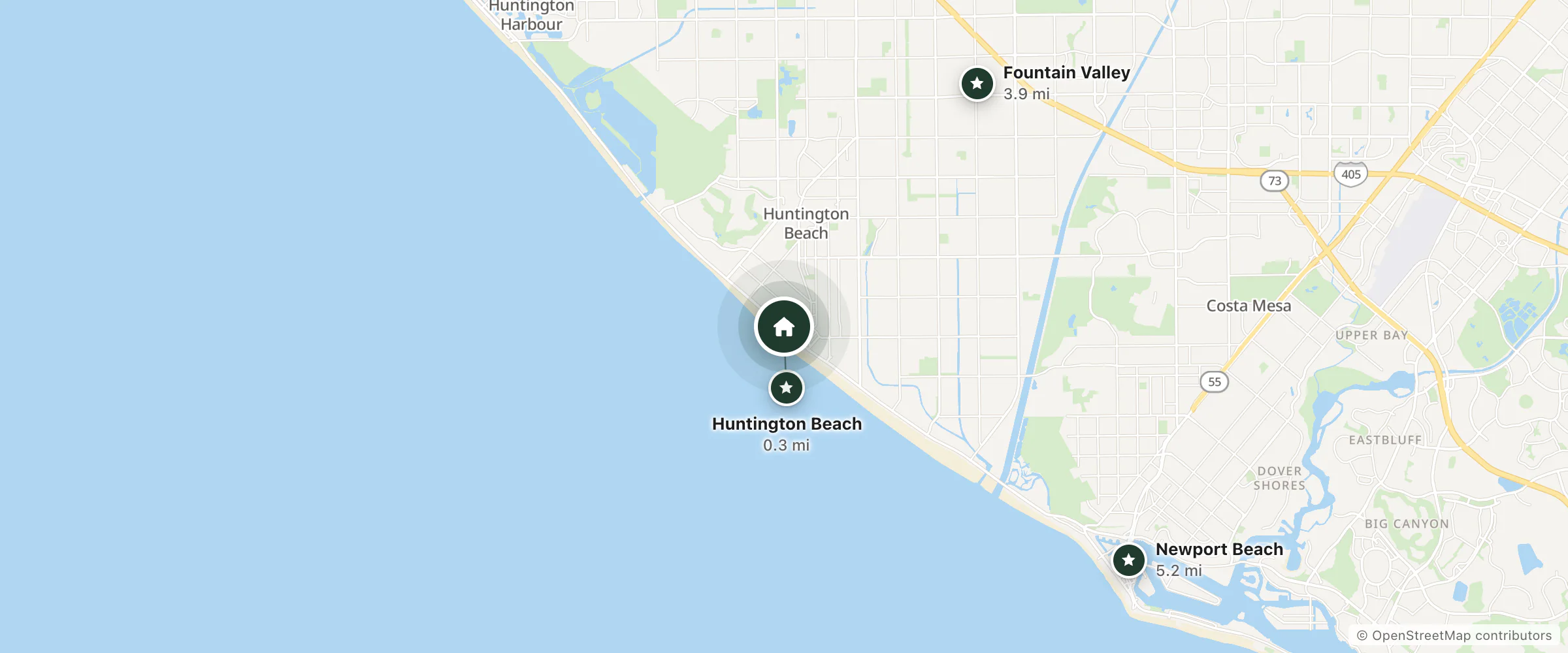 Map of Huntington Surf Inn and nearby Huntington Beach, Fountain Valley and Newport Beach
