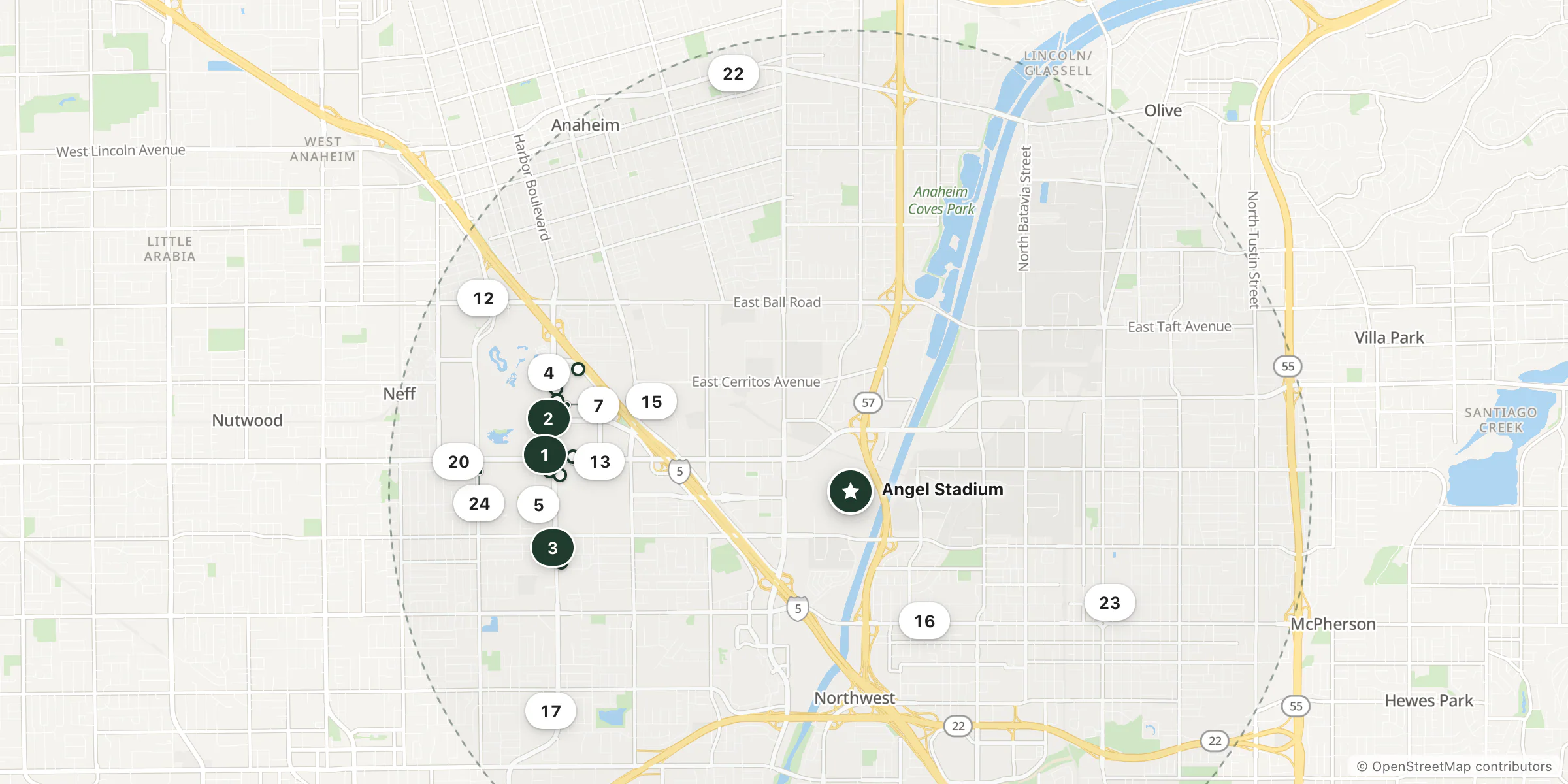 Map of hotels near Angel Stadium
