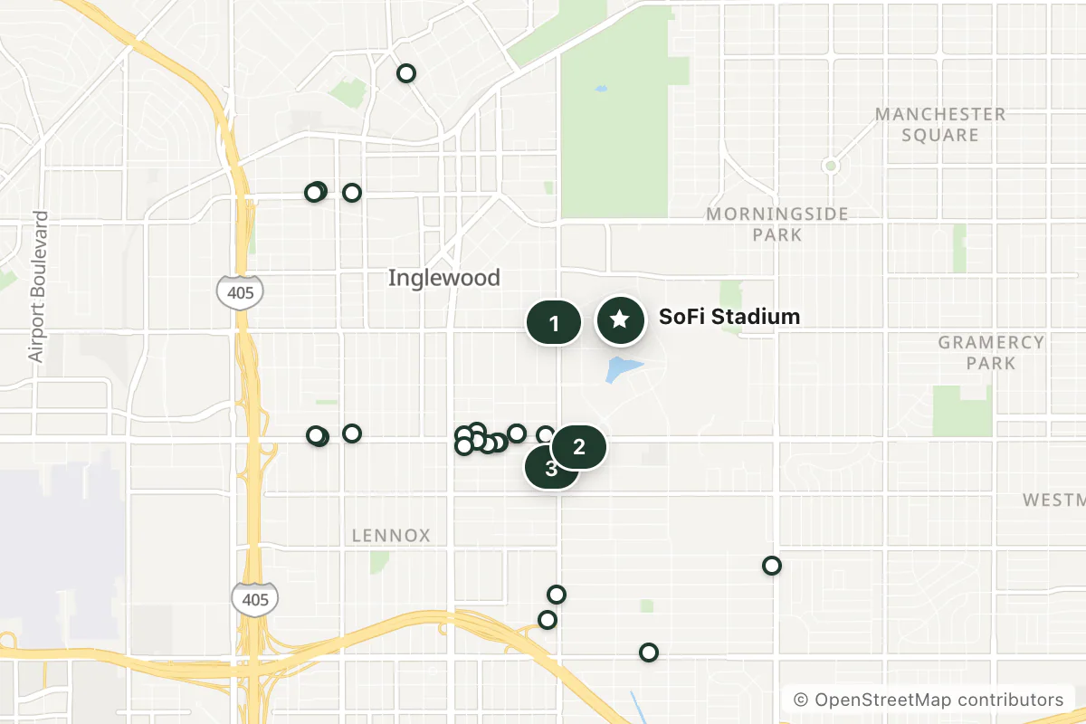 Map of the top 25 hotels for this question around SoFi Stadium