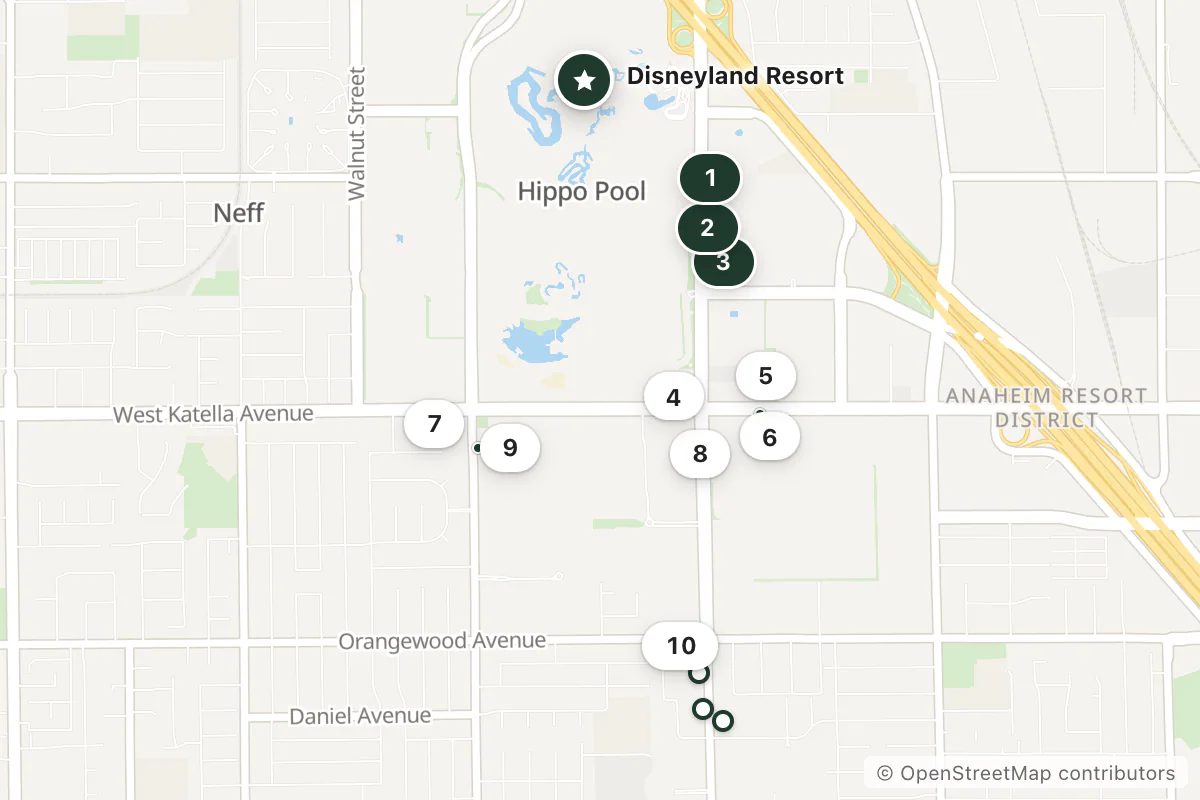 Map of the top 13 hotels for this question around Disneyland Resort