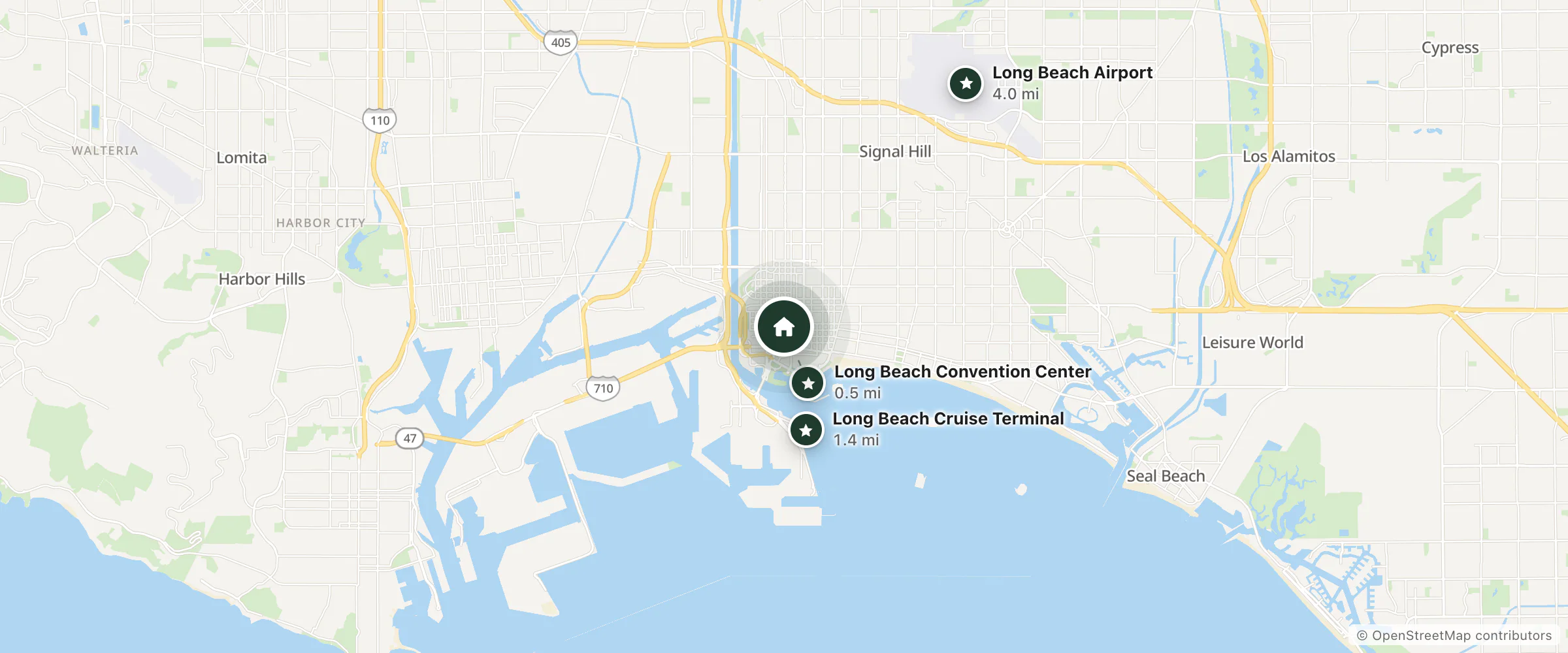 Map of The Varden Hotel and nearby Long Beach Convention Center, Long Beach Cruise Terminal and Long Beach Airport