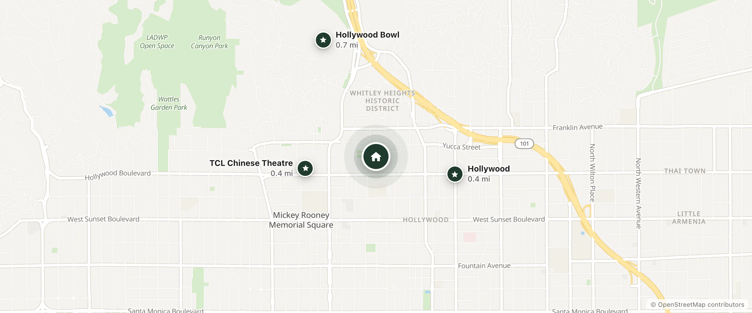 Map of Canterbury Suites and nearby TCL Chinese Theatre, Hollywood and Hollywood Bowl