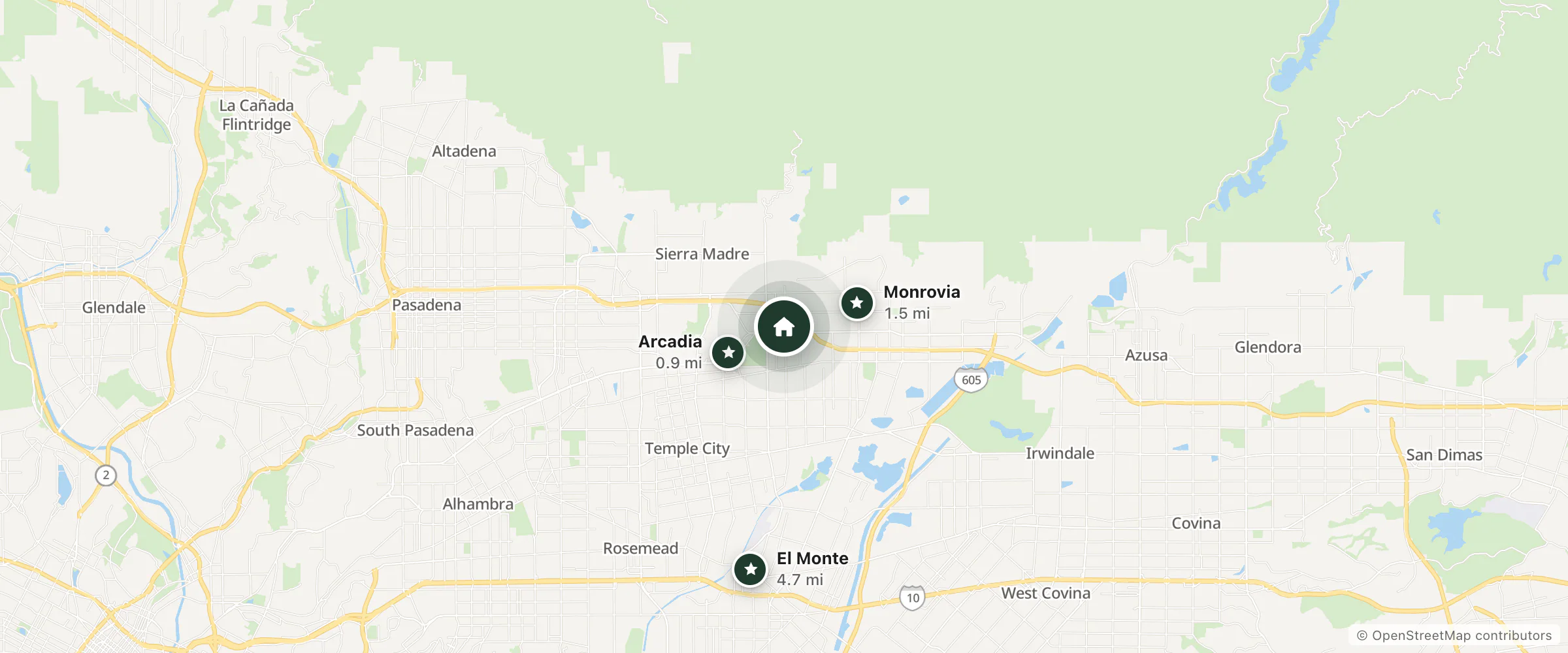 Map of Hilton Garden Inn Arcadia Pasadena Area and nearby Arcadia, Monrovia and El Monte