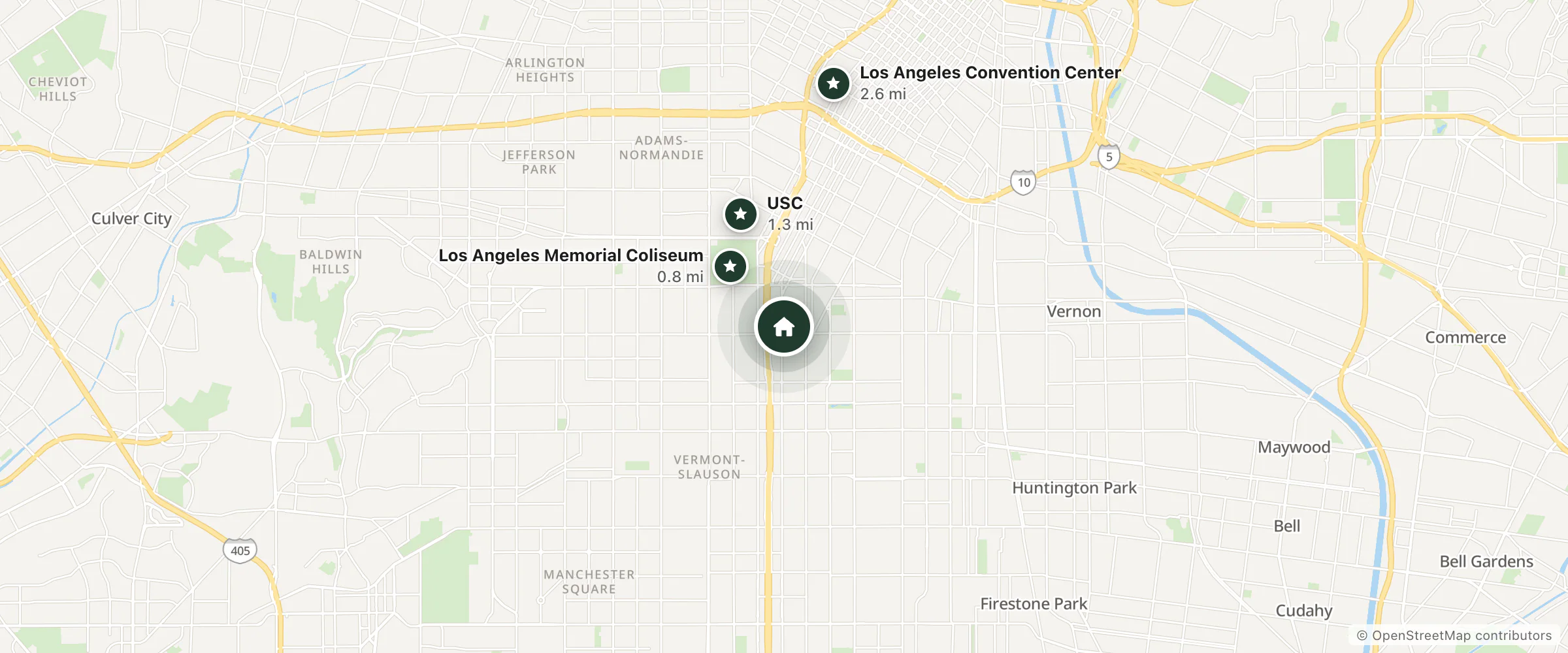 Map of Little Caesars Motel and nearby Los Angeles Memorial Coliseum, USC and Los Angeles Convention Center