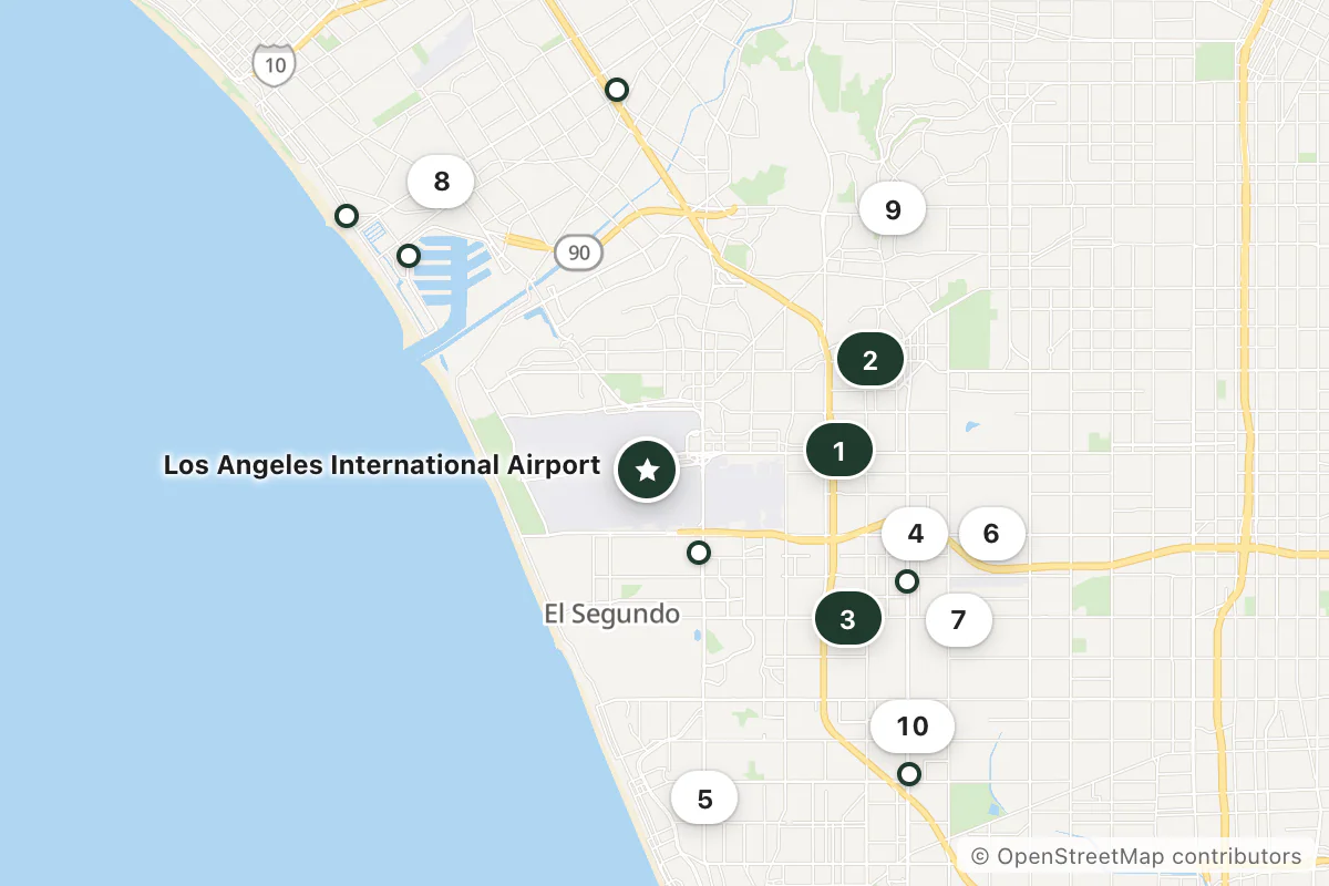 Map of the top 17 hotels for this question around Los Angeles International Airport