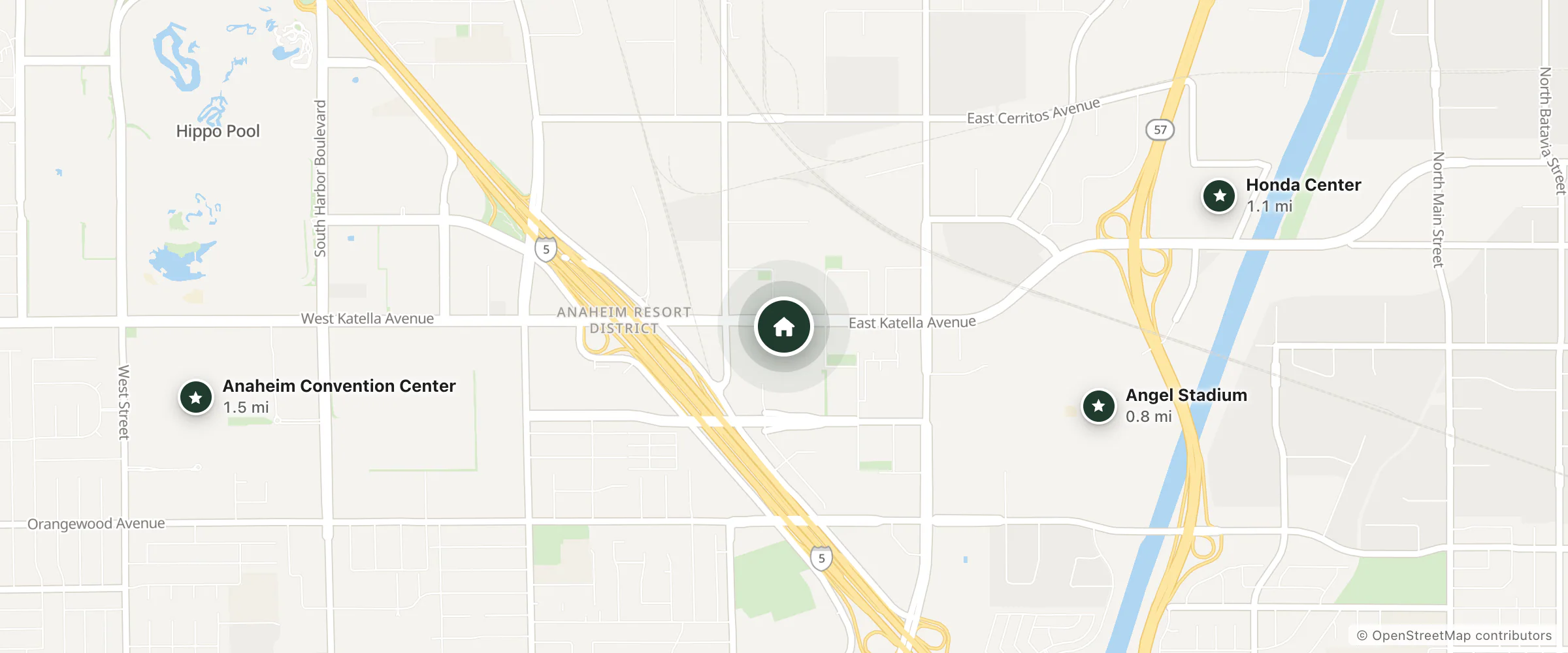 Map of The Westin Resort Anaheim and nearby Angel Stadium, Honda Center and Anaheim Convention Center