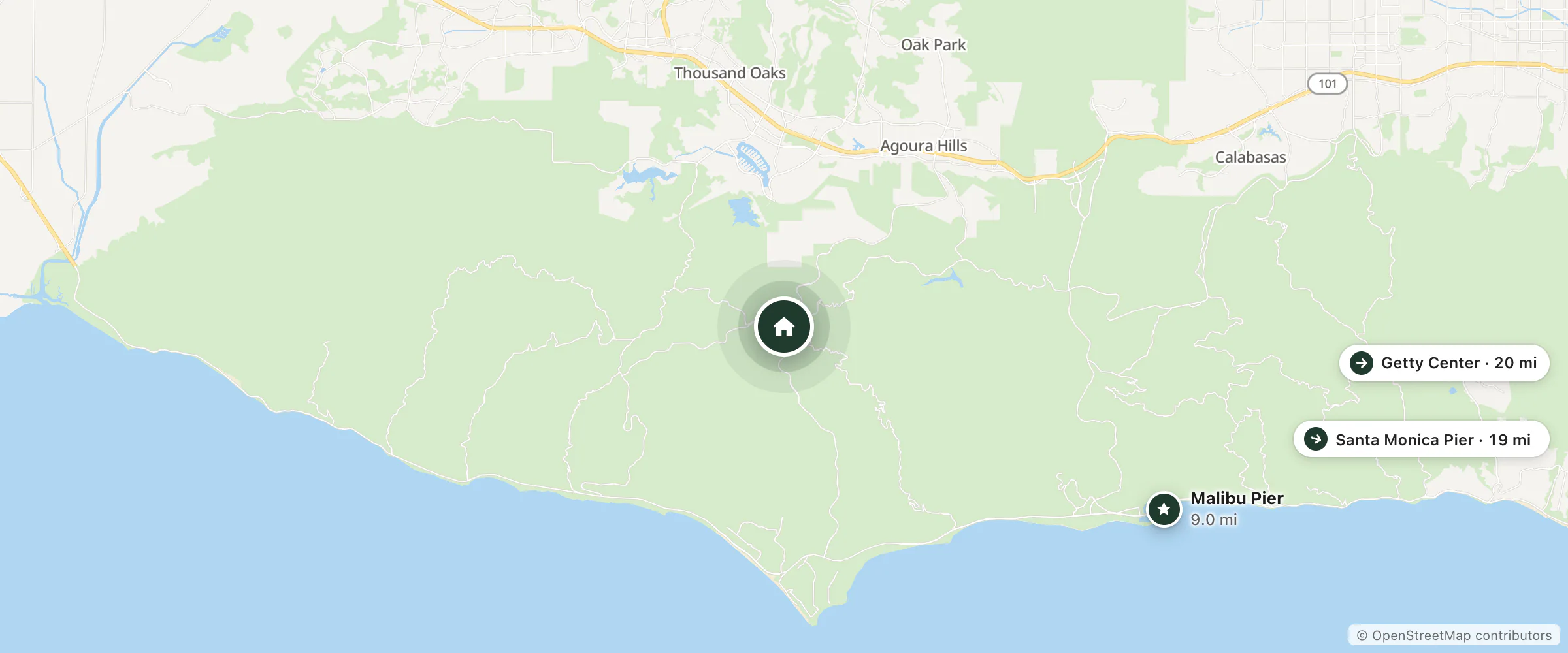 Map of Calamigos Ranch Resort & Spa and nearby Malibu Pier, Santa Monica Pier and Getty Center