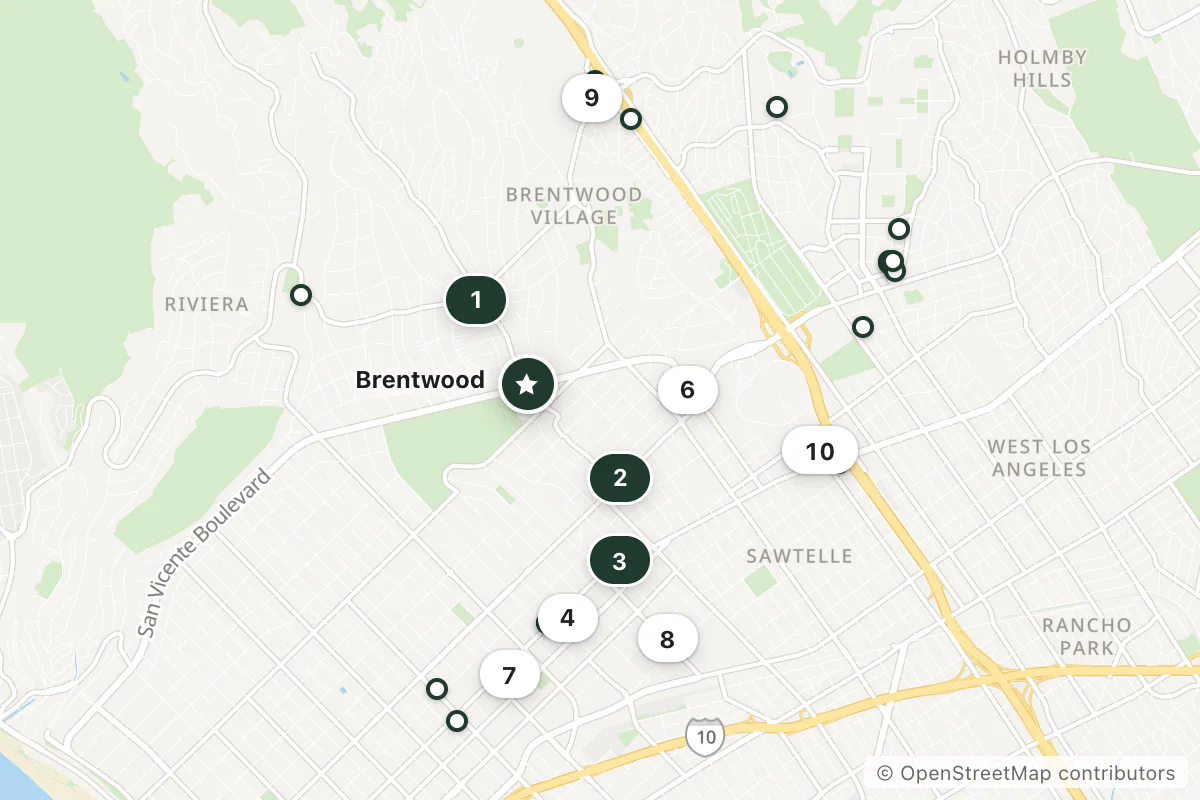 Map of the top 25 hotels for this question around Brentwood