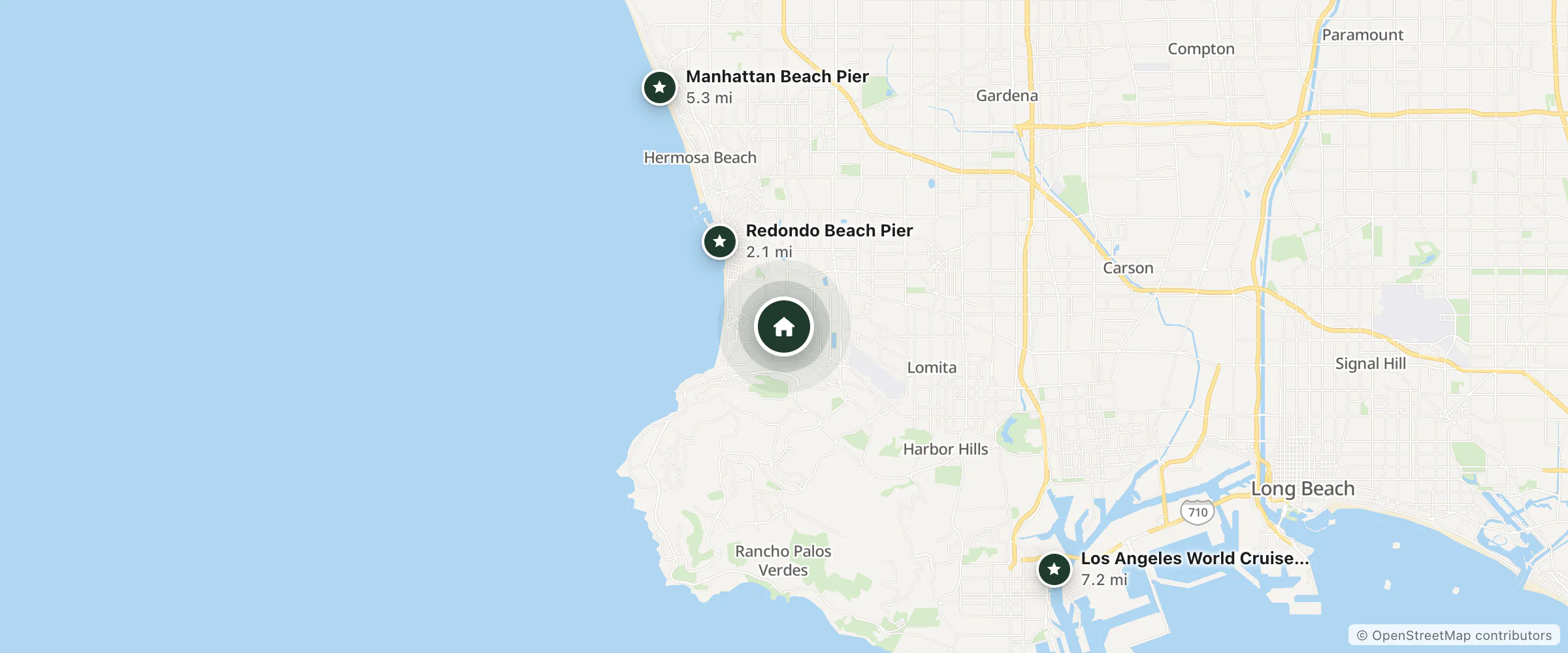 Map of Penthouse and nearby Redondo Beach Pier, Manhattan Beach Pier and Los Angeles World Cruise Center