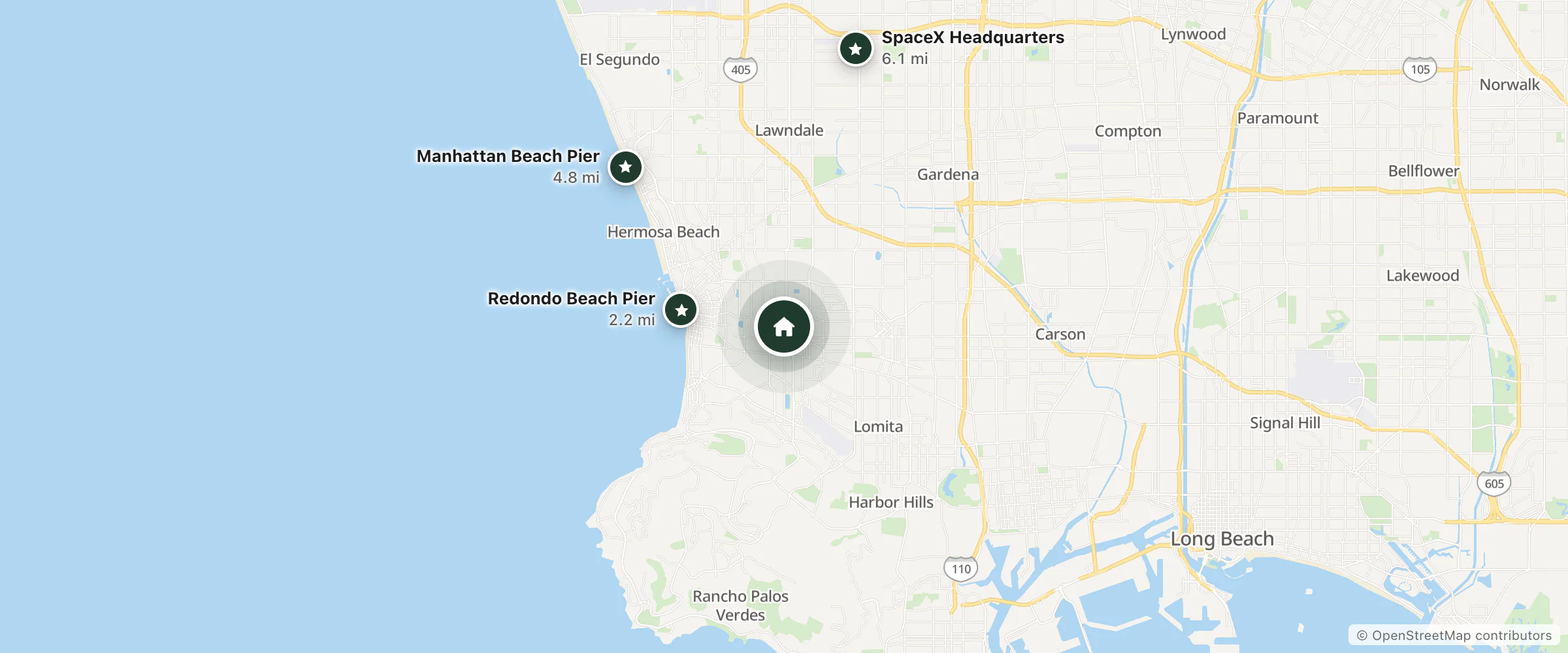 Map of DoubleTree by Hilton Hotel Torrance - South Bay and nearby Redondo Beach Pier, Manhattan Beach Pier and SpaceX Headquarters