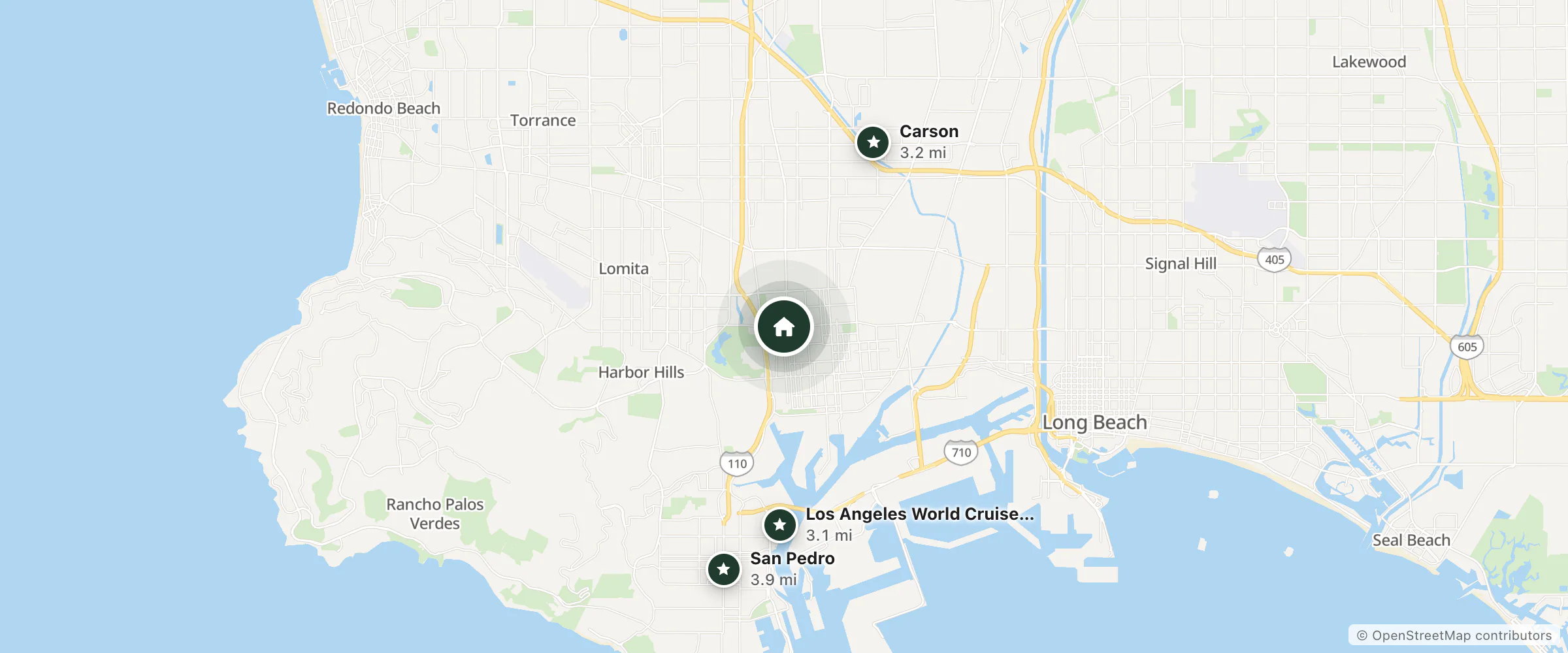 Map of Comet Hotel and nearby Los Angeles World Cruise Center, Carson and San Pedro