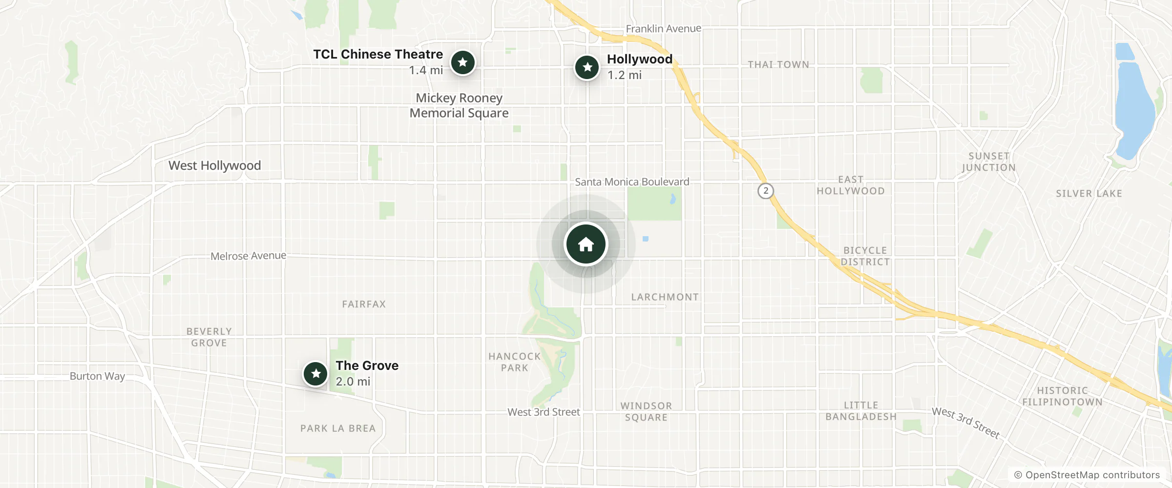 Map of Rodeway Inn and nearby Hollywood, TCL Chinese Theatre and The Grove
