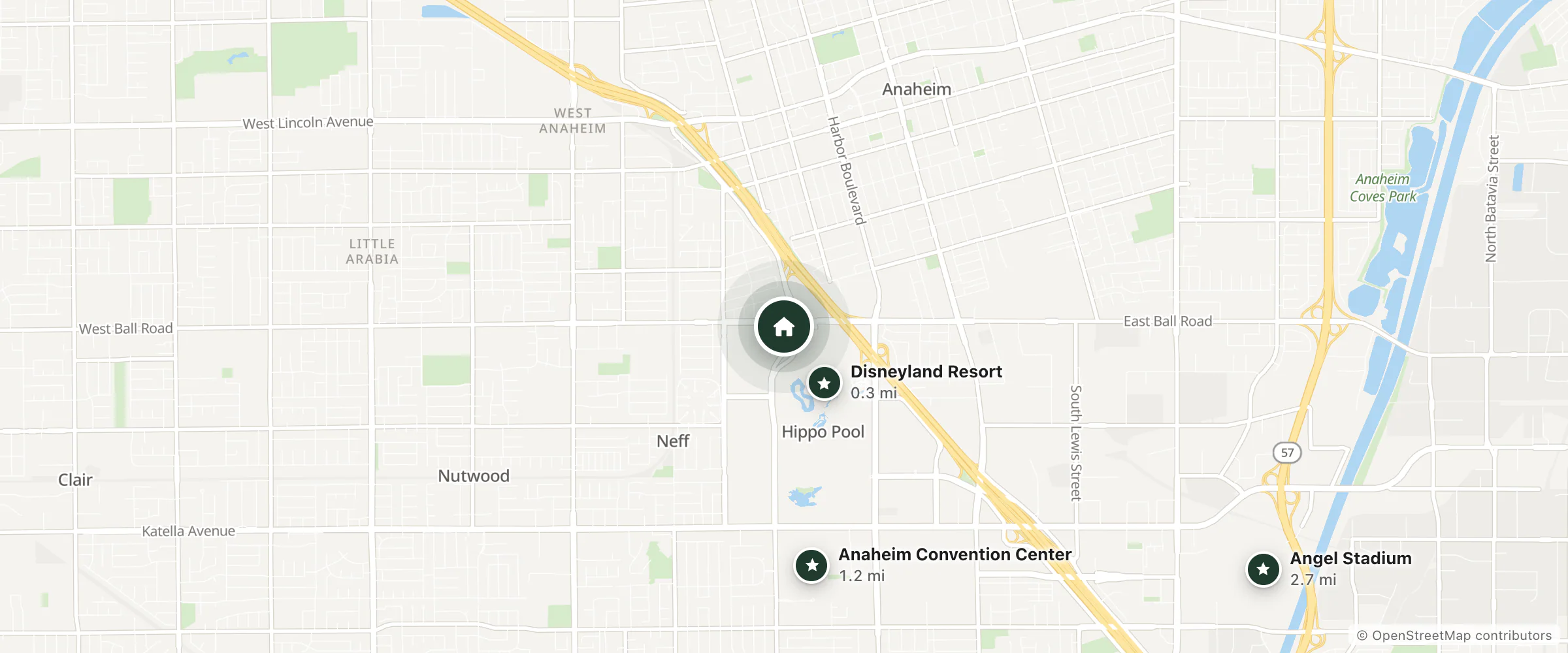 Map of Staybridge Suites Anaheim at the Park and nearby Disneyland Resort, Anaheim Convention Center and Angel Stadium