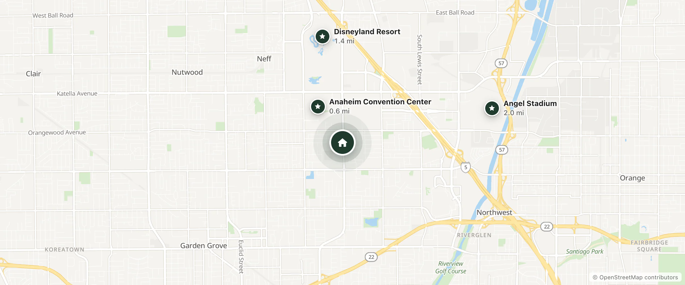 Map of Stanford Inn & Suites and nearby Anaheim Convention Center, Disneyland Resort and Angel Stadium