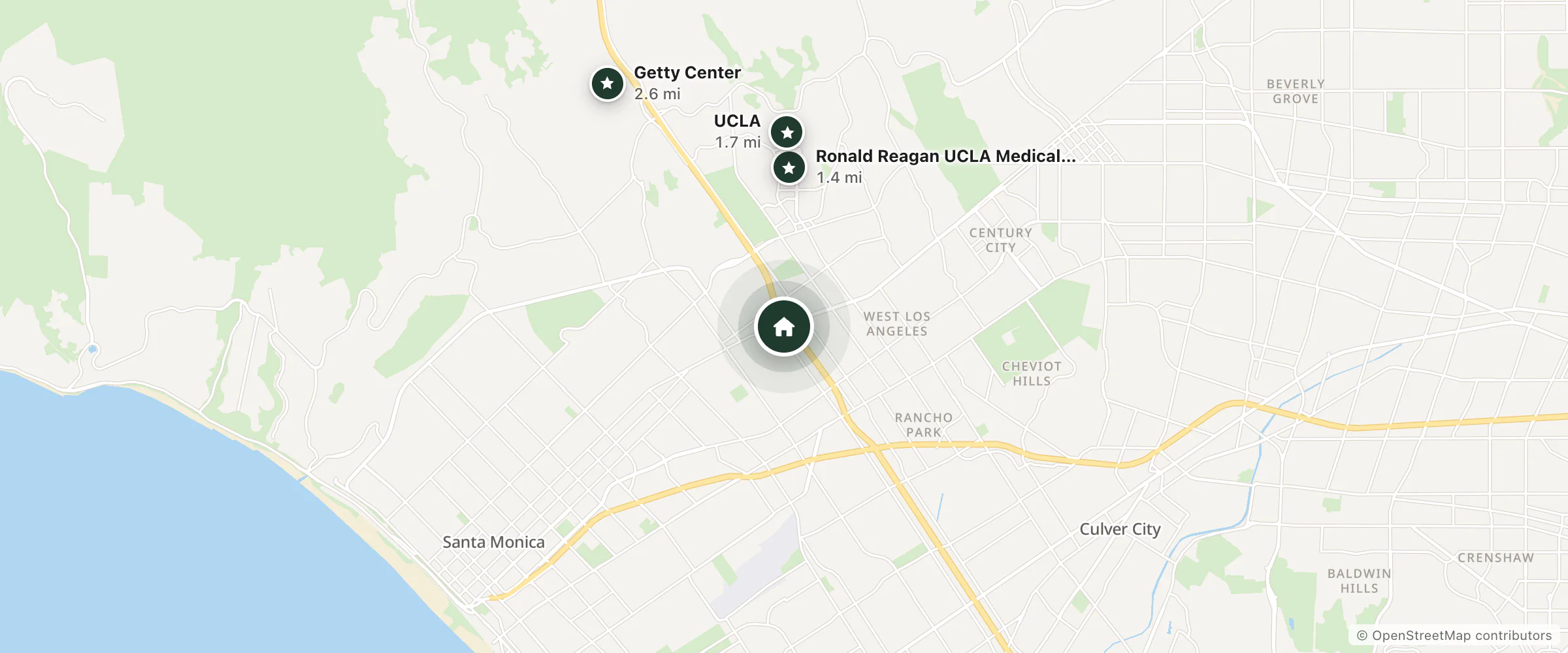 Map of Holiday Inn Express West Los Angeles-Santa Monica and nearby Ronald Reagan UCLA Medical Center, UCLA and Getty Center
