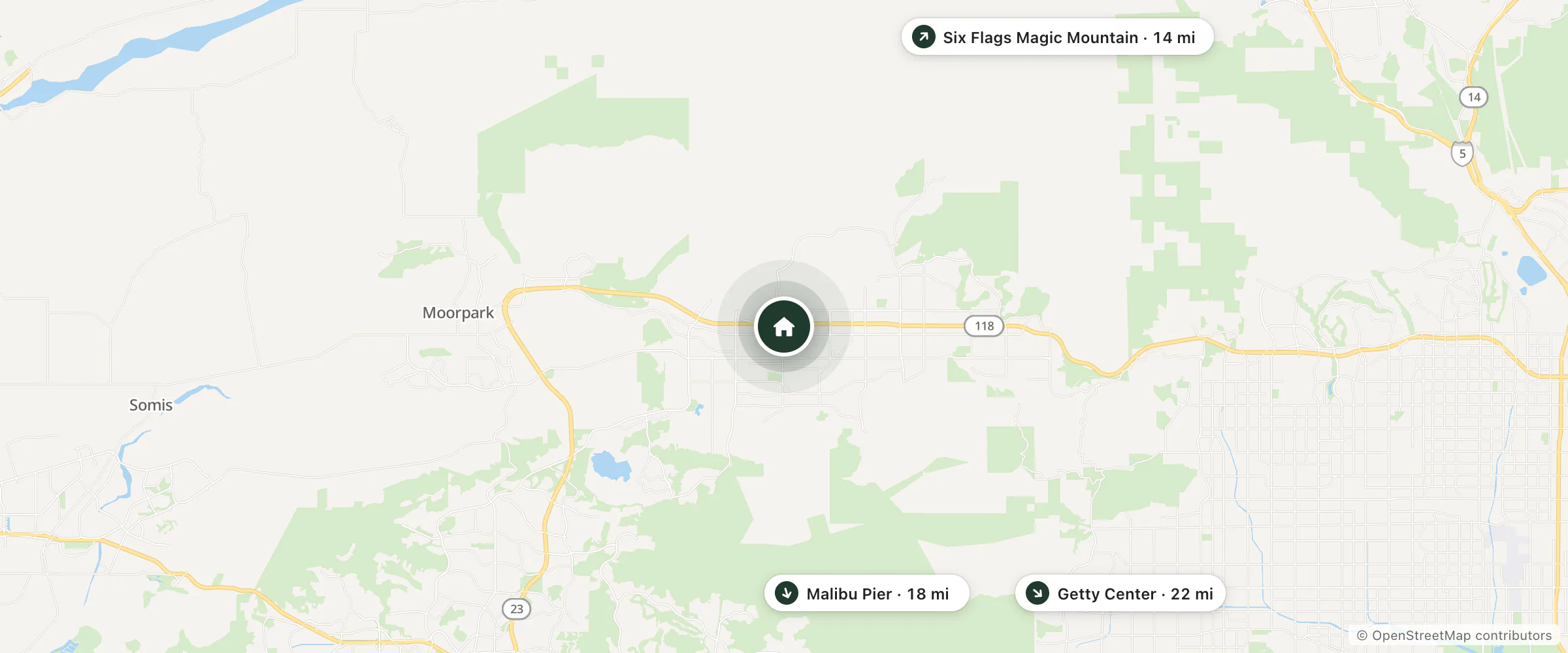Map of Motel 6 and nearby Six Flags Magic Mountain, Malibu Pier and Getty Center
