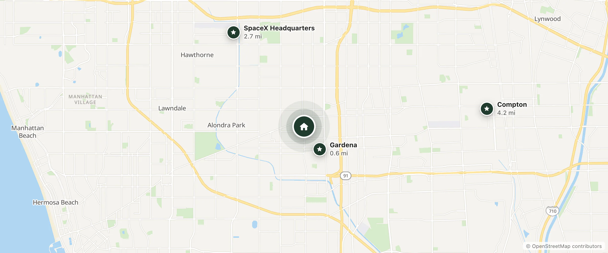 Map of Rodeway Inn Near Stubhub Center and nearby Gardena, SpaceX Headquarters and Compton