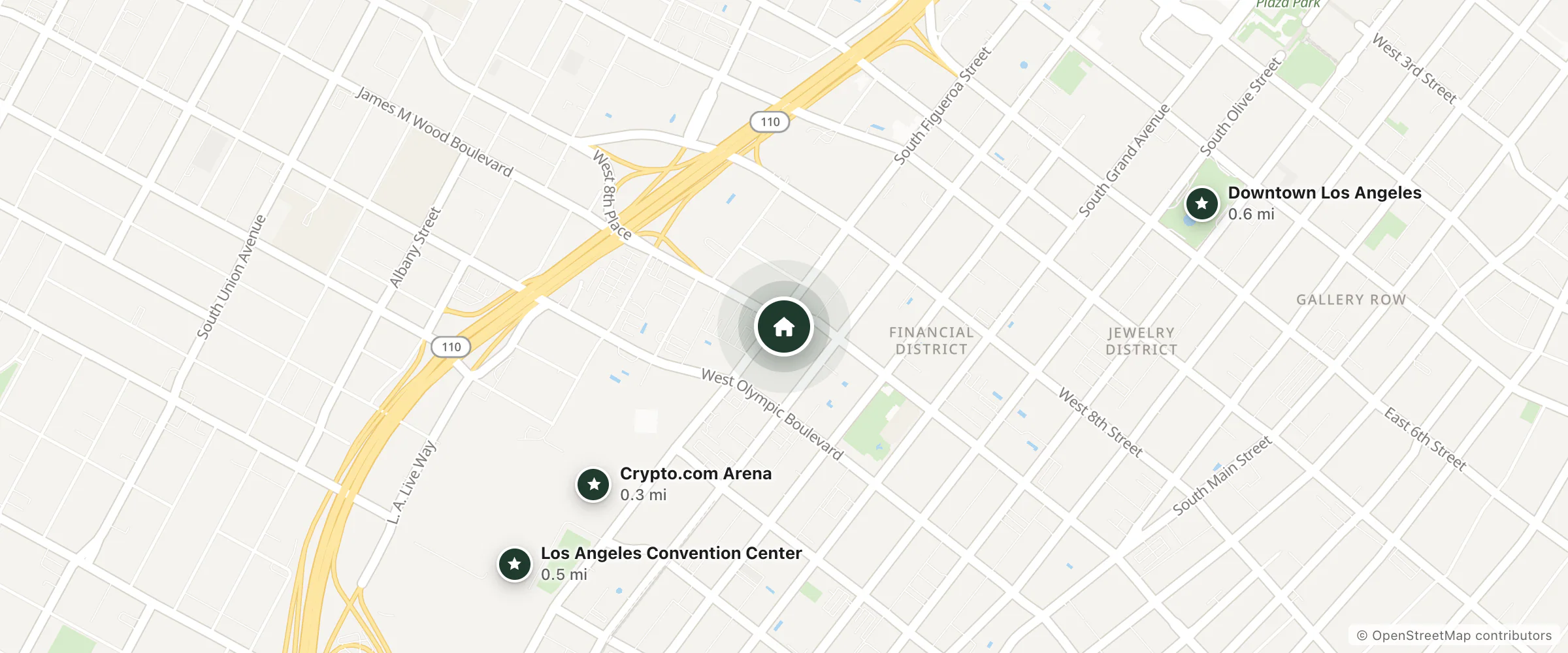 Map of Global Luxury Suites at Figueroa Street and nearby Crypto.com Arena, Los Angeles Convention Center and Downtown Los Angeles