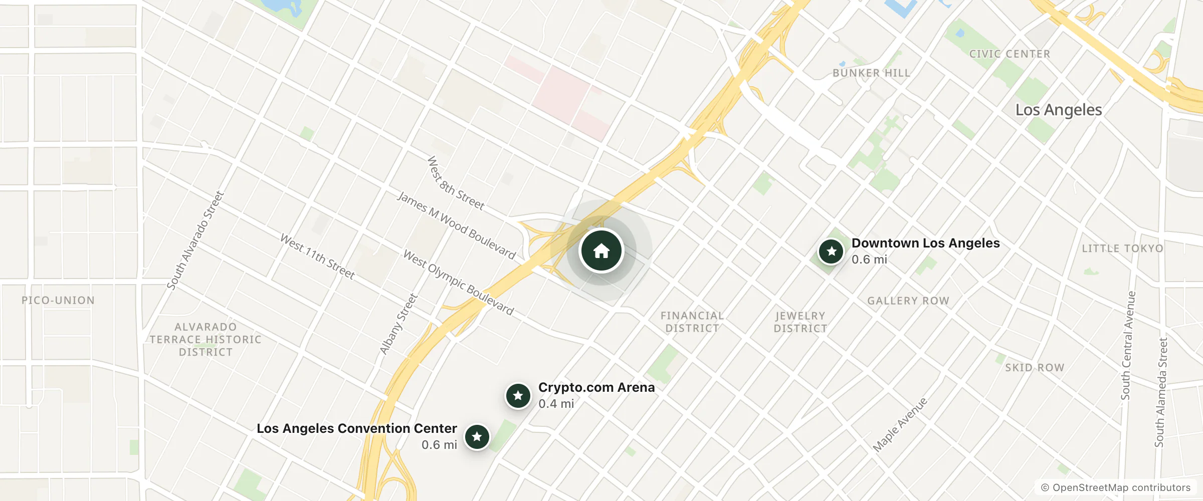 Map of Marriot Los Angeles Downtown and nearby Crypto.com Arena, Los Angeles Convention Center and Downtown Los Angeles