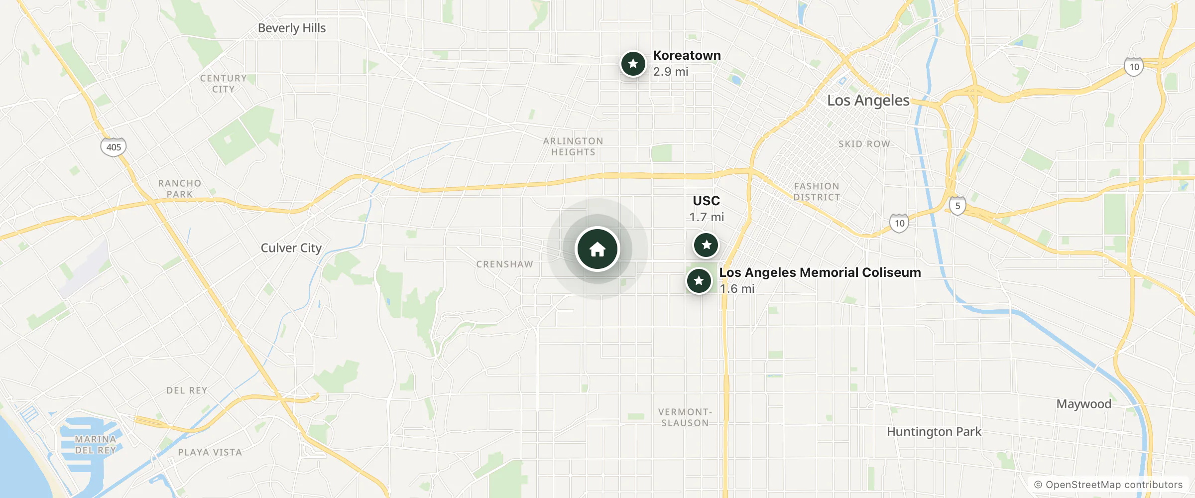 Map of The Anderson Estates and nearby Los Angeles Memorial Coliseum, USC and Koreatown