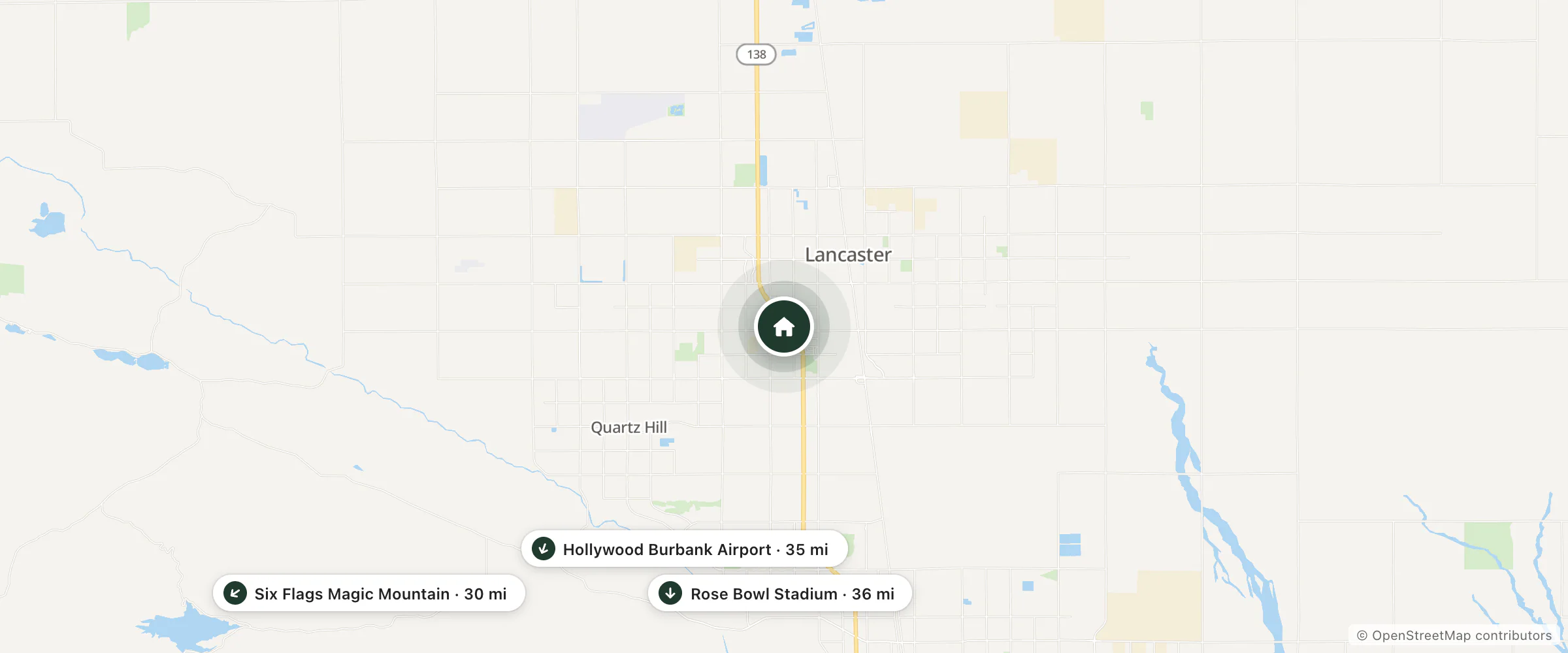 Map of Oxnard Inn Lancaster and nearby Six Flags Magic Mountain, Hollywood Burbank Airport and Rose Bowl Stadium