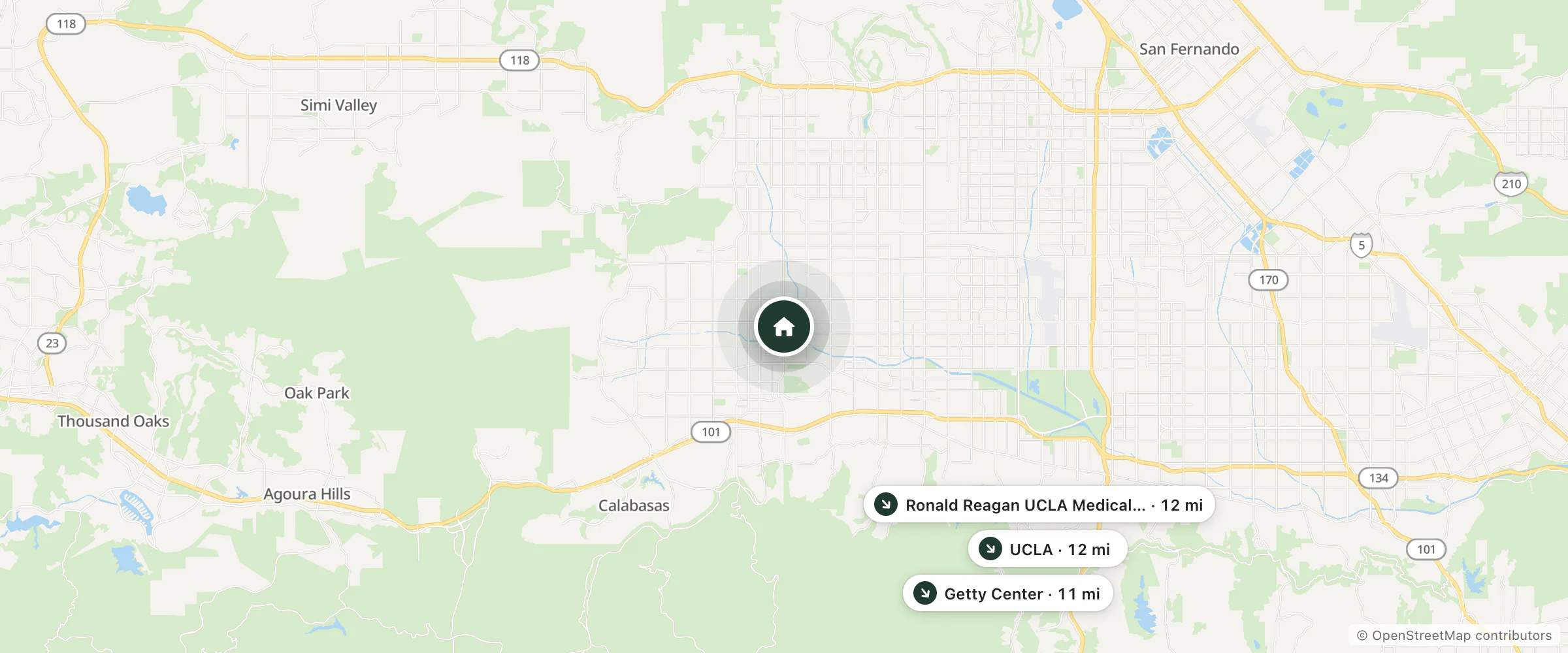 Map of Canoga Hotel and nearby Getty Center, UCLA and Ronald Reagan UCLA Medical Center