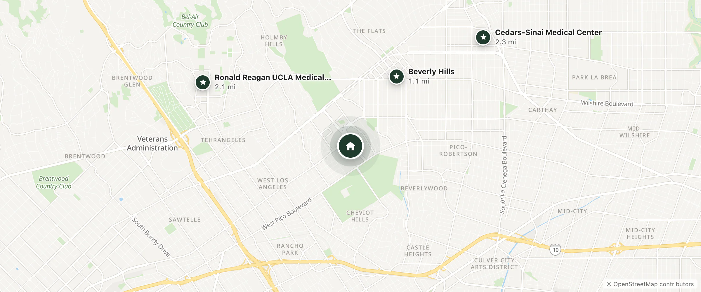 Map of Hyatt Hotels & Resorts - Park Hyatt Los Angeles and nearby Beverly Hills, Ronald Reagan UCLA Medical Center and Cedars-Sinai Medical Center