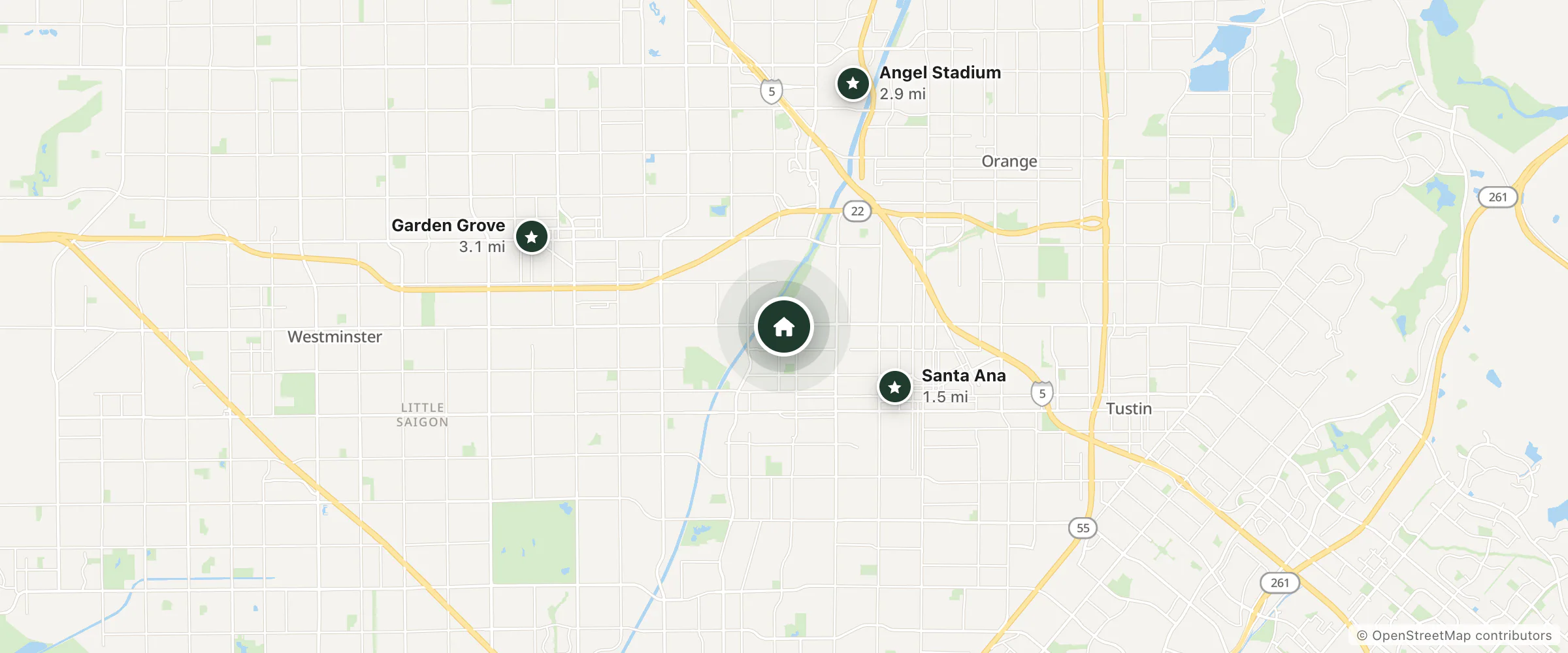Map of Imperial 17th Motel and nearby Santa Ana, Angel Stadium and Garden Grove