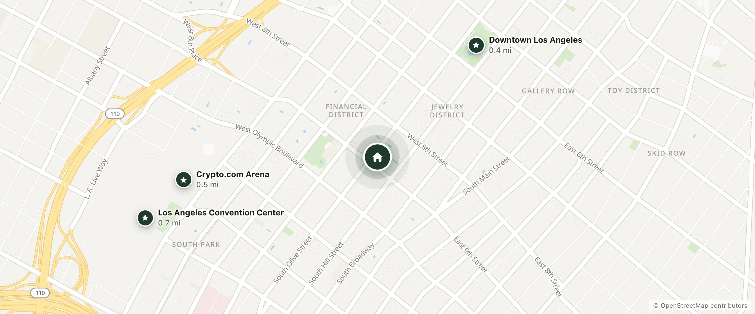 Map of Level Los Angeles - Downtown South Olive and nearby Downtown Los Angeles, Crypto.com Arena and Los Angeles Convention Center