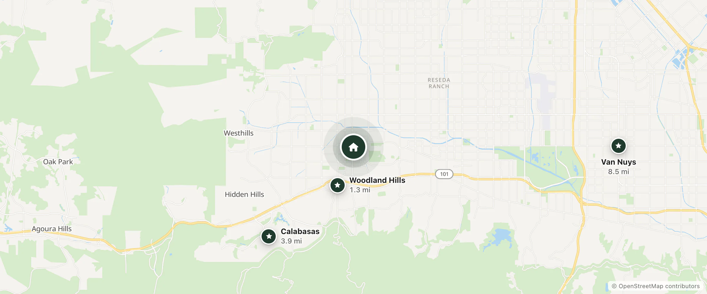 Map of Hilton Woodland Hills and nearby Woodland Hills, Calabasas and Van Nuys
