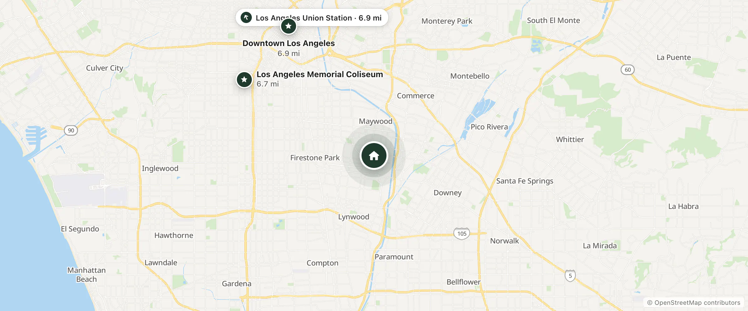 Map of Cudahy Motel and nearby Los Angeles Memorial Coliseum, Los Angeles Union Station and Downtown Los Angeles