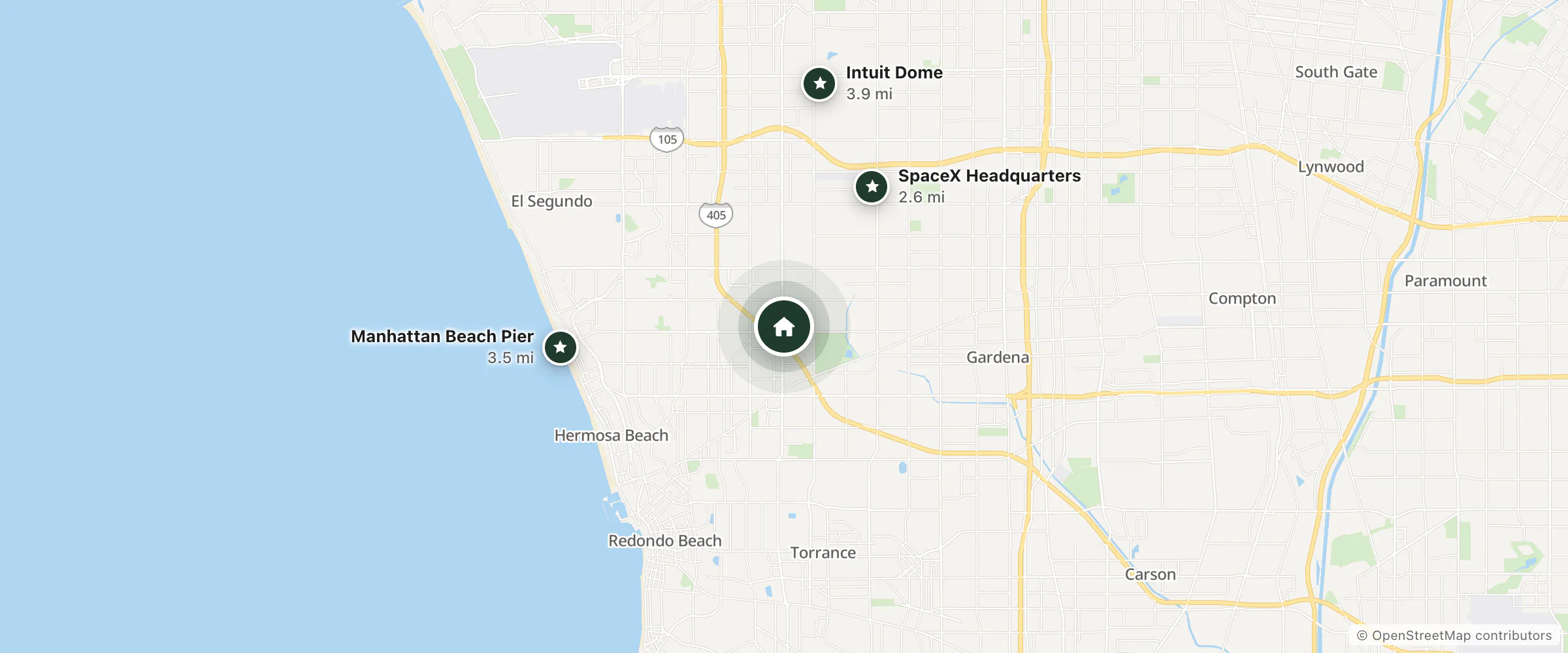 Map of Days Inn by Wyndham Los Angeles LAX/Redondo/Manhattan Beach and nearby SpaceX Headquarters, Manhattan Beach Pier and Intuit Dome