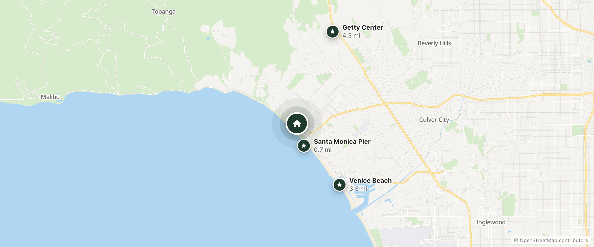 Map of The Huntley Hotel and nearby Santa Monica Pier, Venice Beach and Getty Center