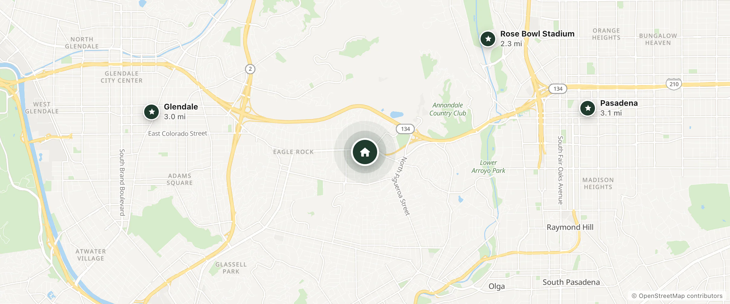 Map of Islander Motel and nearby Rose Bowl Stadium, Glendale and Pasadena