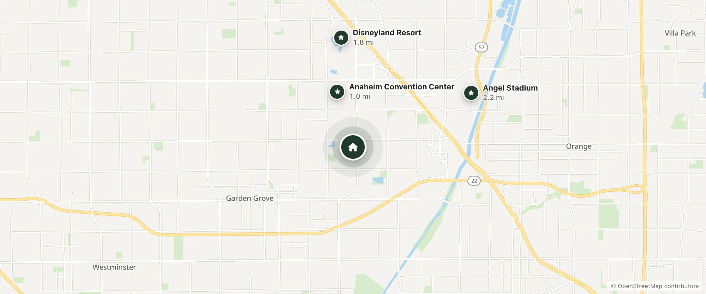 Map of Delta Hotels and nearby Anaheim Convention Center, Disneyland Resort and Angel Stadium