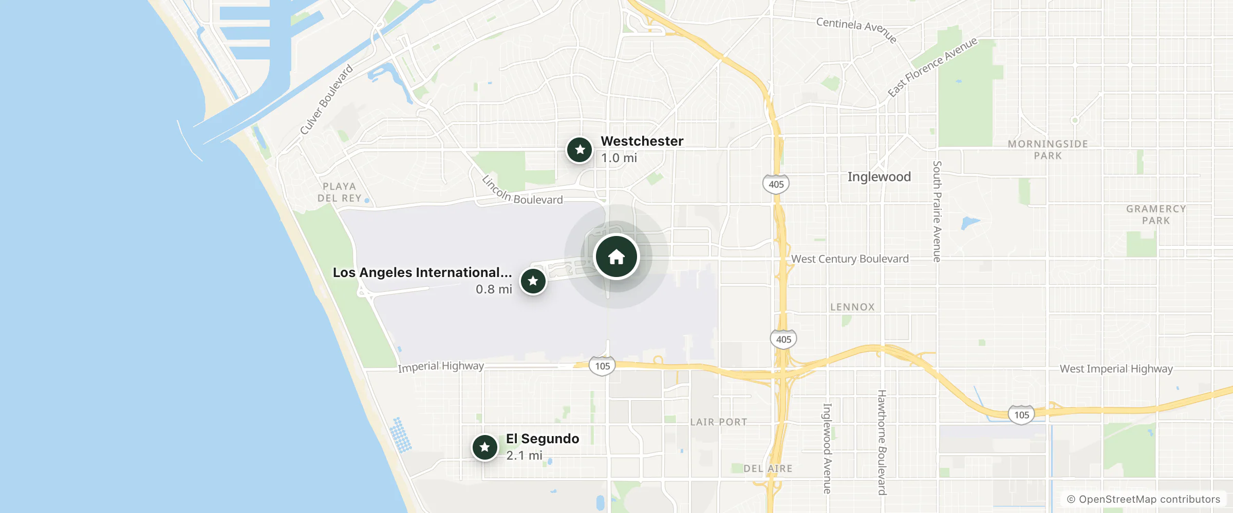 Map of Radisson Hotel at Los Angeles Airport and nearby Los Angeles International Airport, Westchester and El Segundo