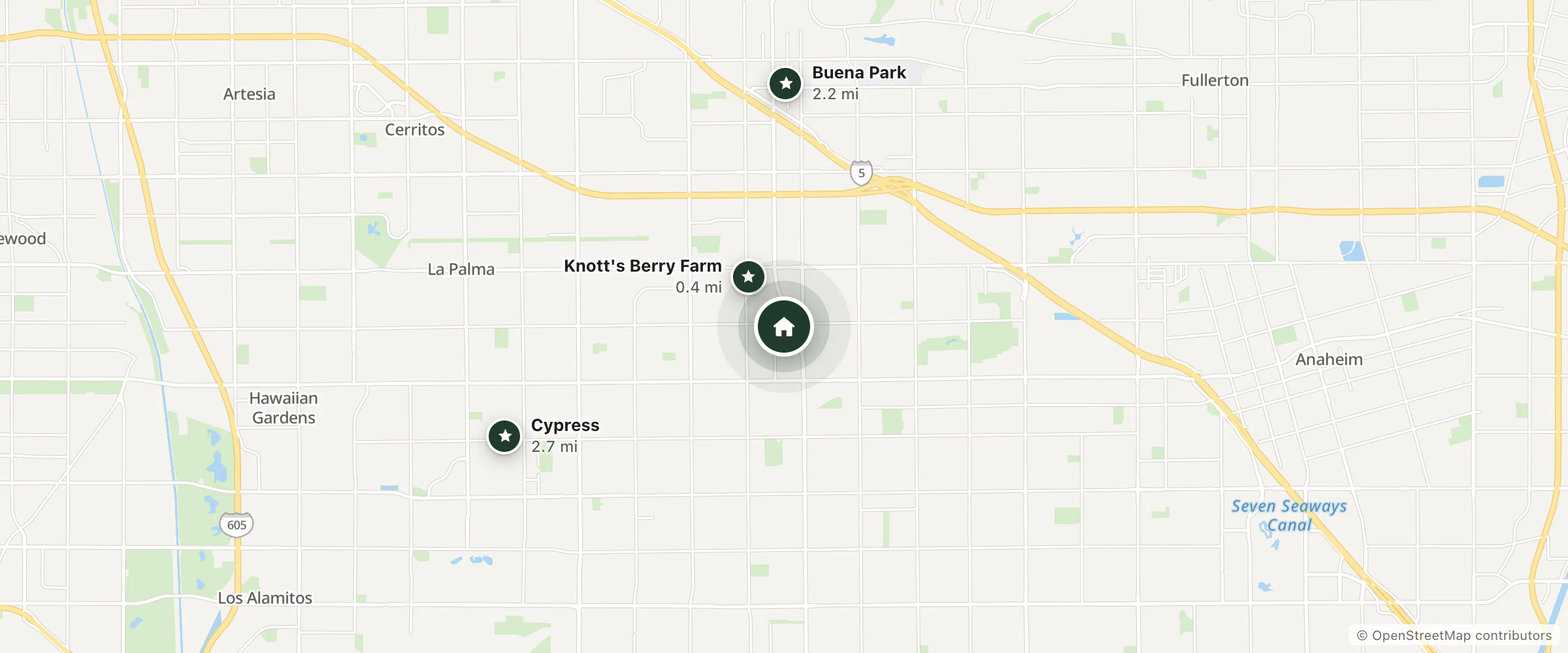 Map of Westward Wagon Inn and nearby Knott's Berry Farm, Buena Park and Cypress