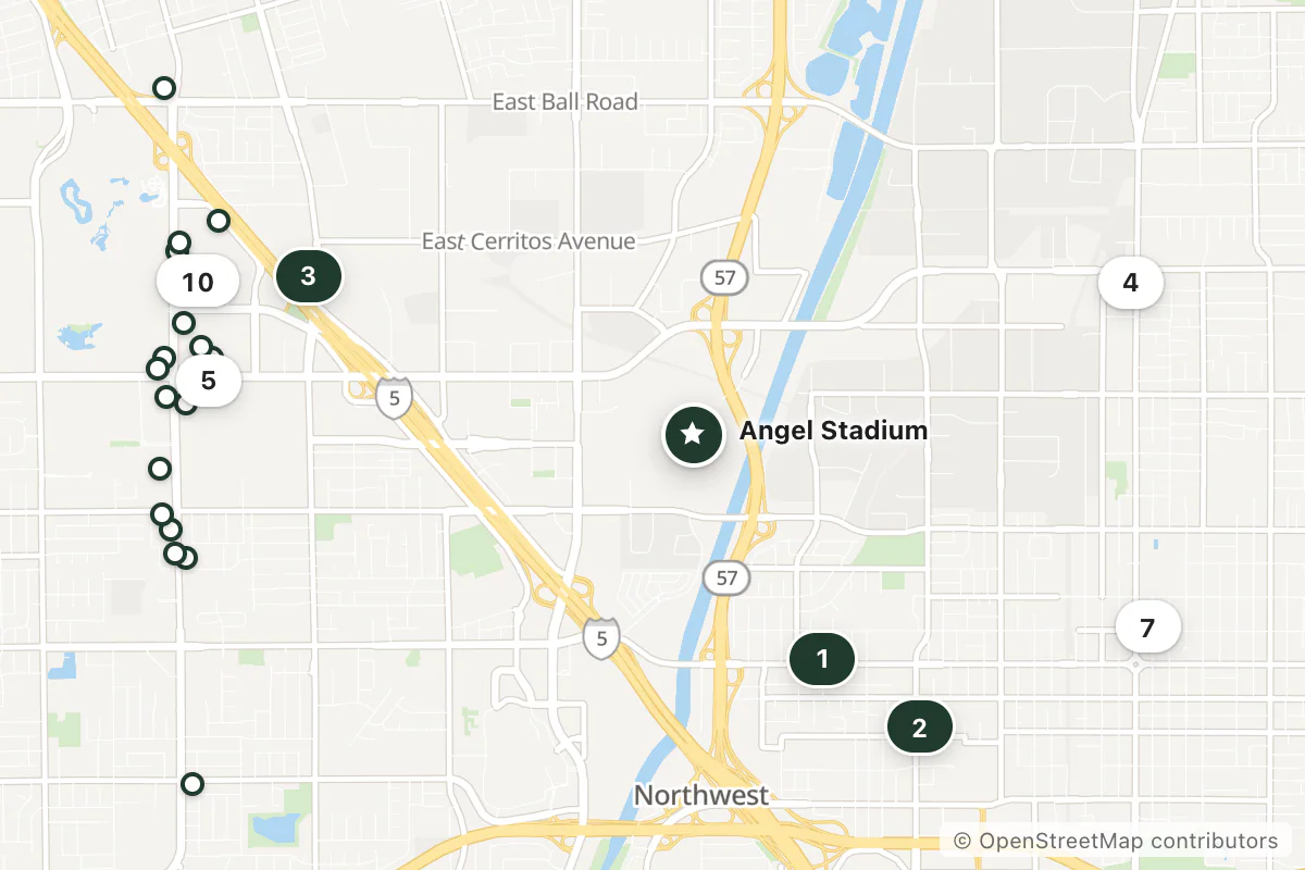 Map of the top 25 hotels for this question around Angel Stadium