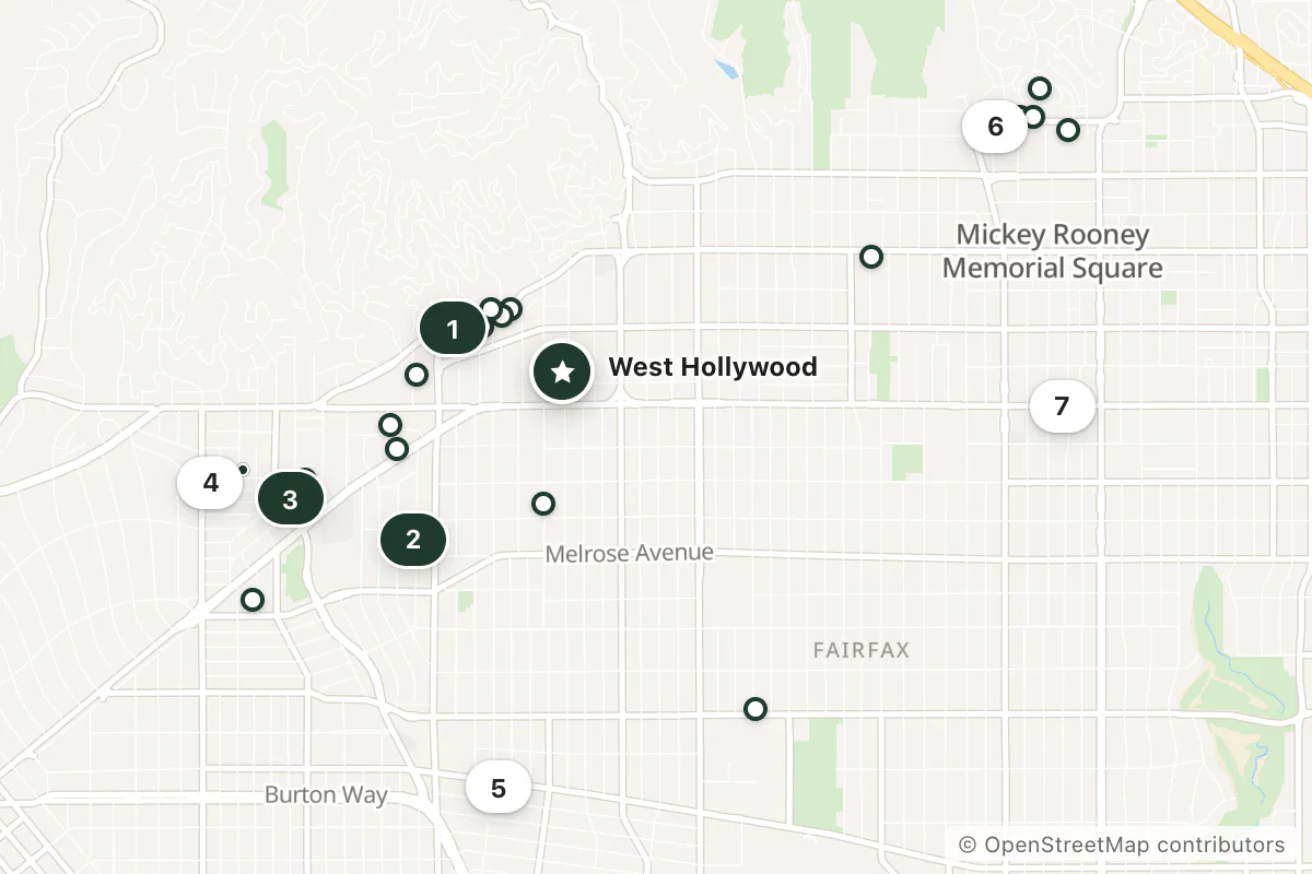 Map of the top 25 hotels for this question around West Hollywood