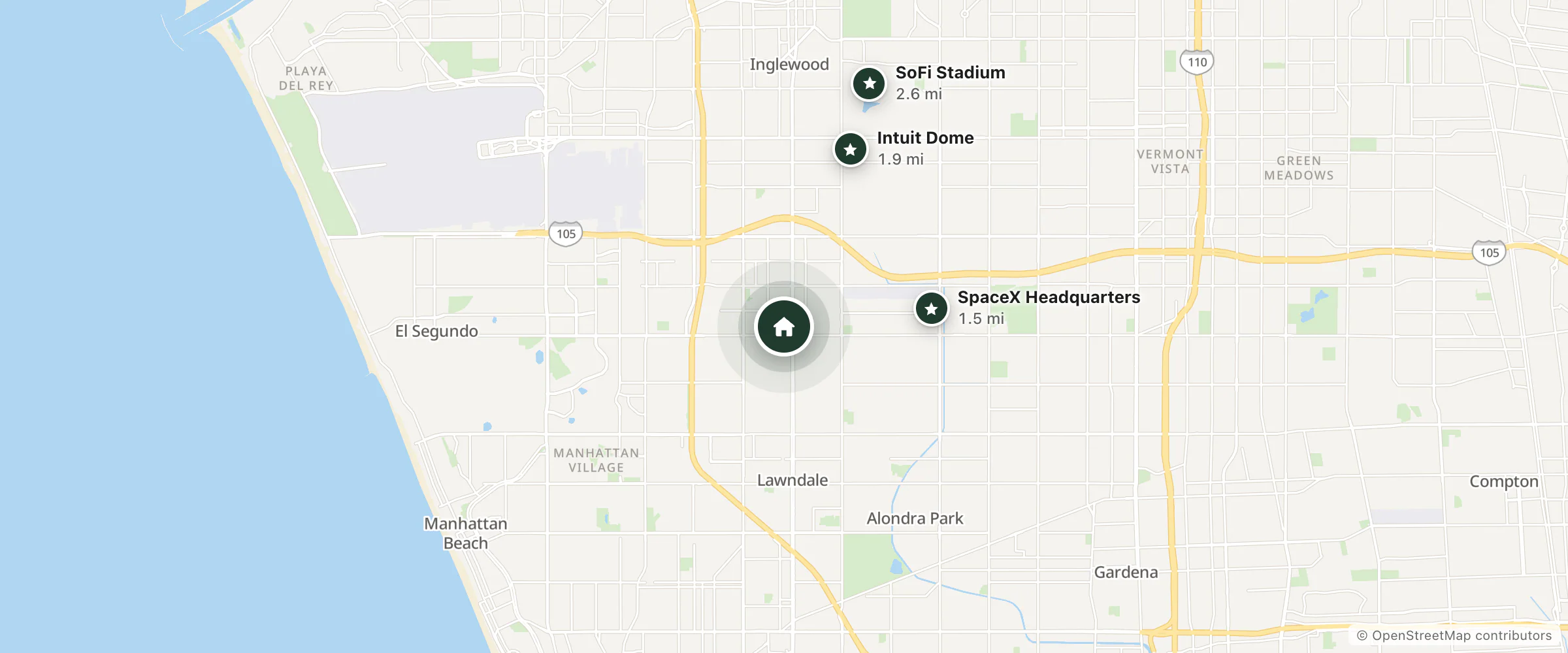 Map of TownePlace Suites and nearby SpaceX Headquarters, Intuit Dome and SoFi Stadium