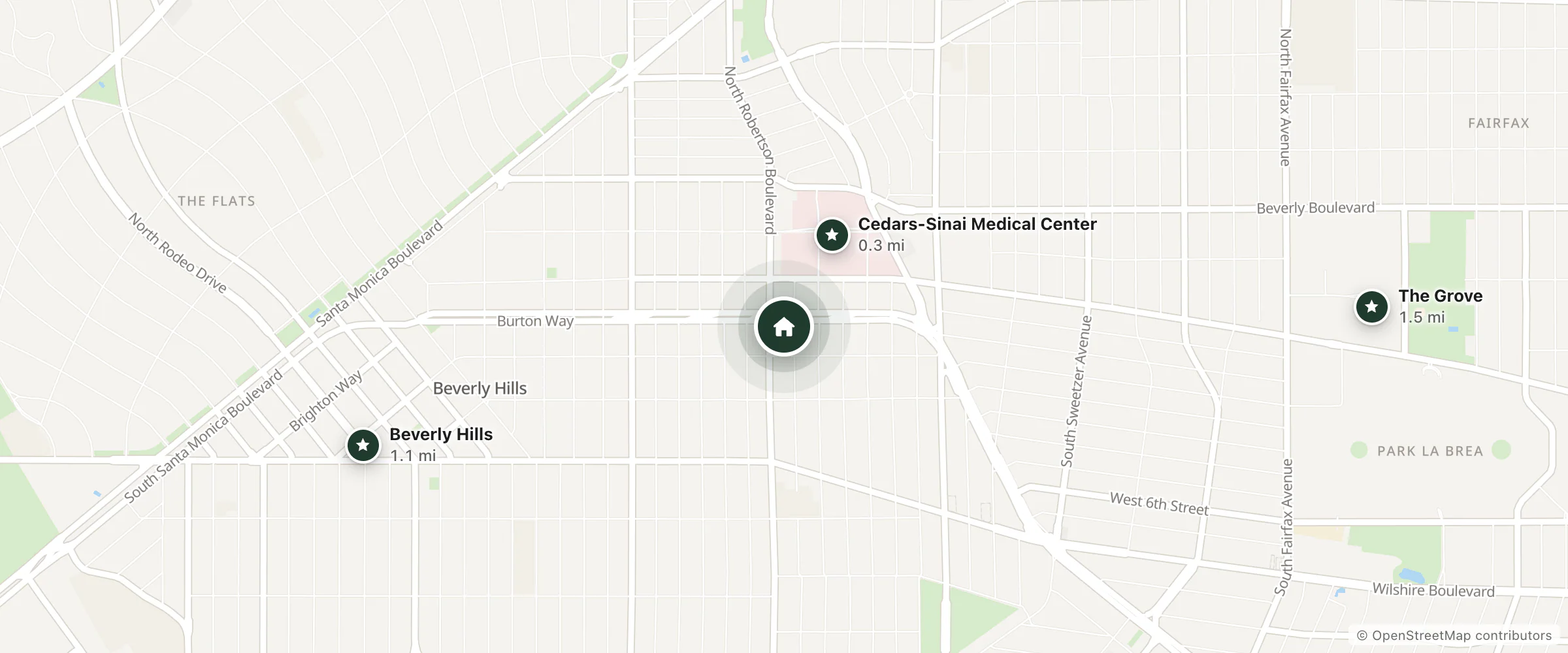 Map of Mainstay Suites and nearby Cedars-Sinai Medical Center, Beverly Hills and The Grove