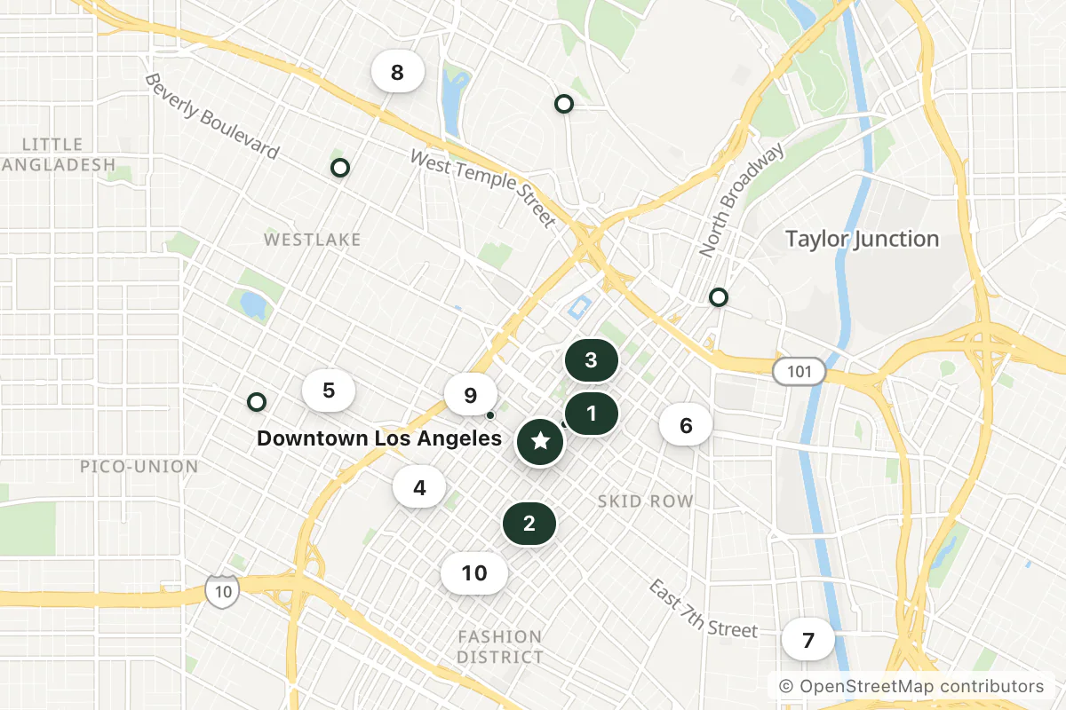 Map of the top 14 hotels for this question around Downtown Los Angeles