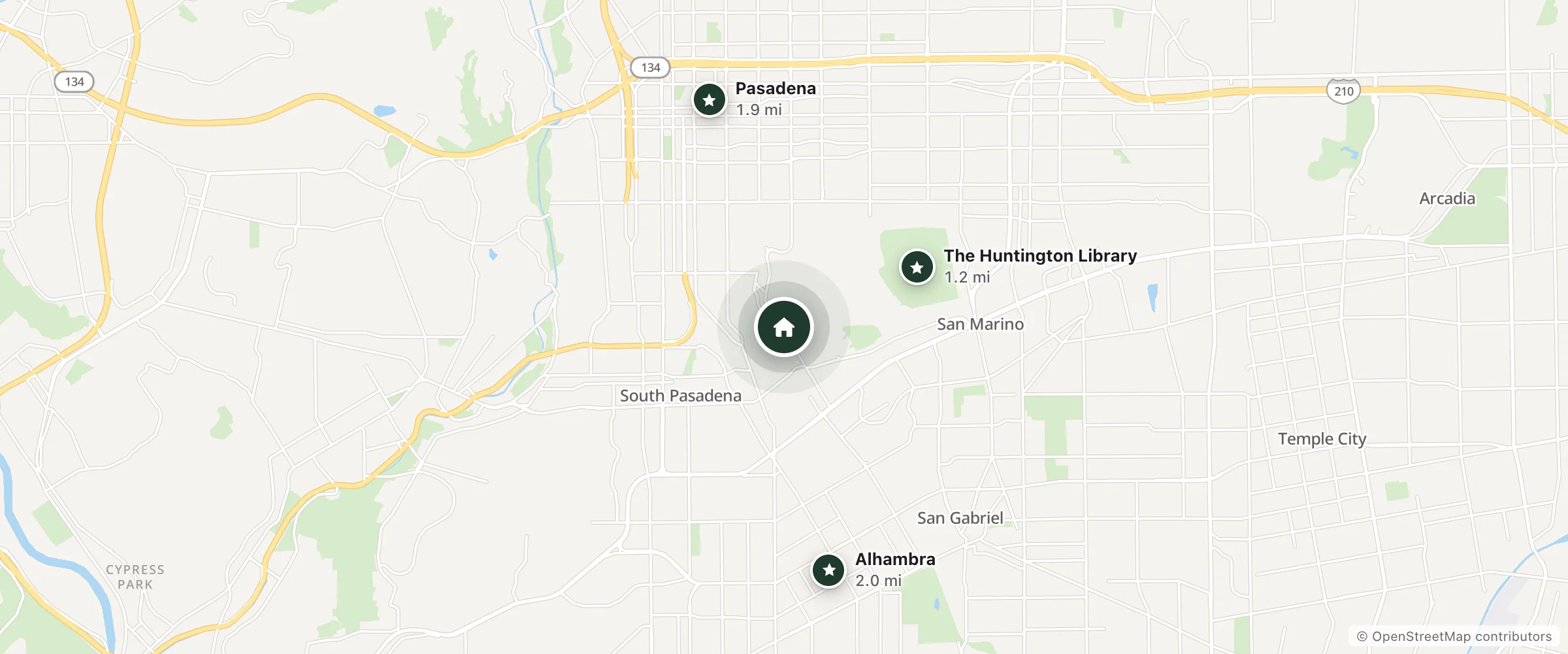 Map of Ritz Carlton Huntington and nearby The Huntington Library, Pasadena and Alhambra
