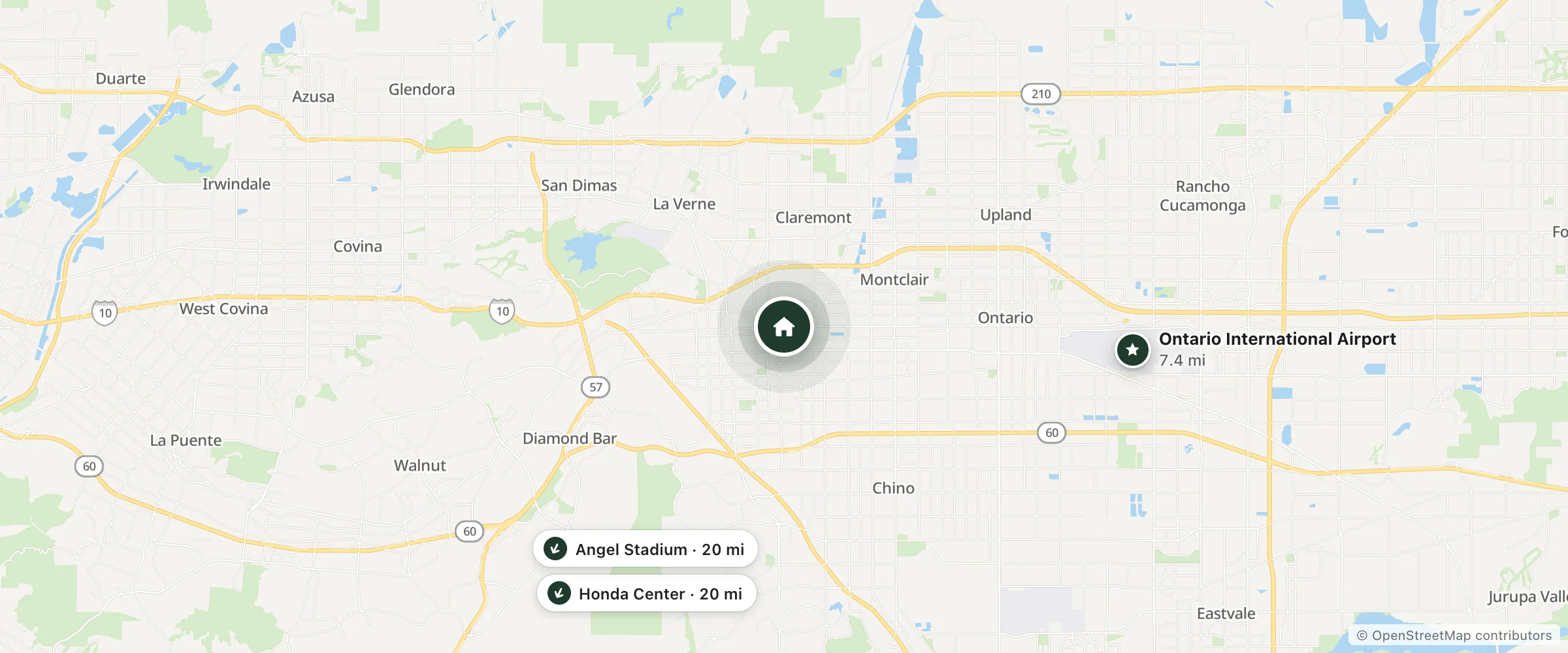 Map of Pala Motel and nearby Ontario International Airport, Honda Center and Angel Stadium
