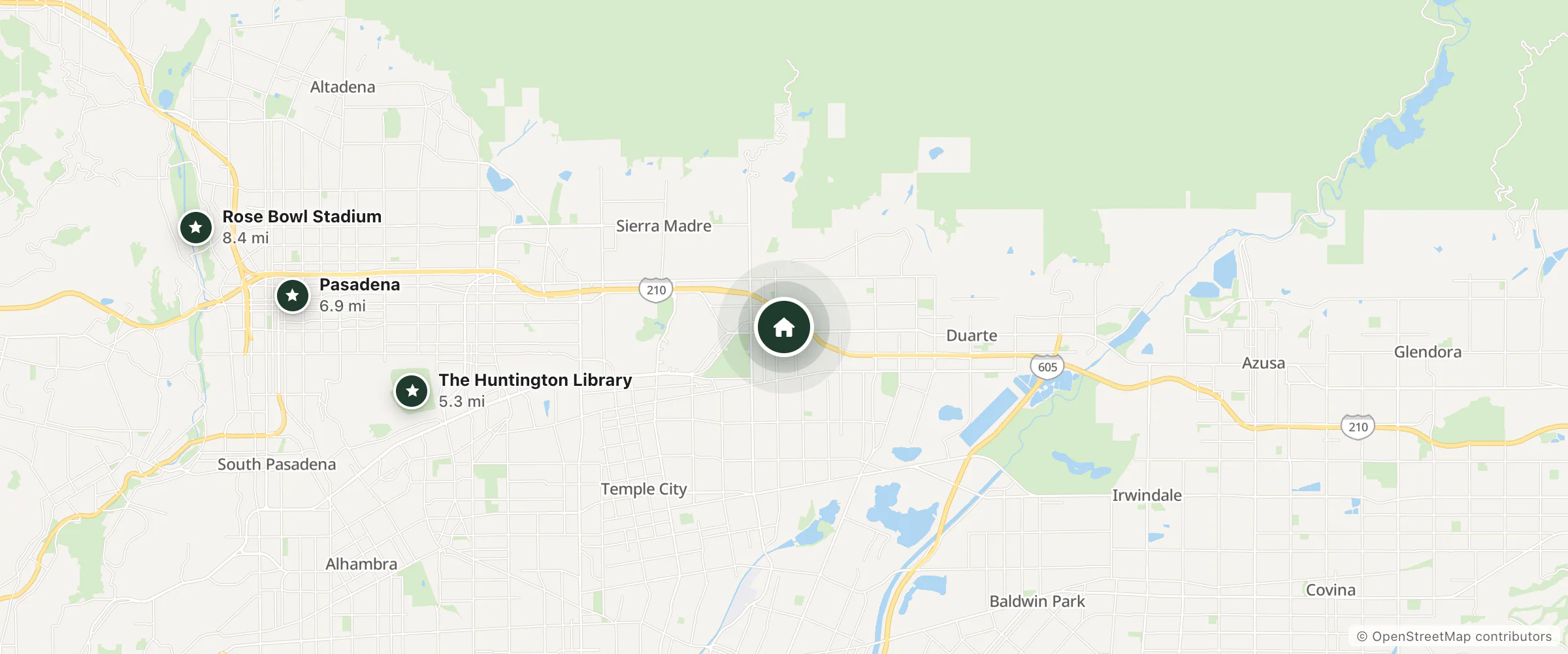 Map of Hampton Inn Los Angeles/Arcadia/Pasadena and nearby The Huntington Library, Pasadena and Rose Bowl Stadium