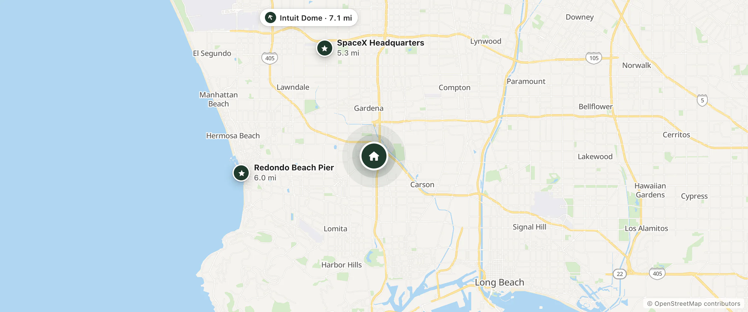 Map of InterContinental Hotels and nearby SpaceX Headquarters, Redondo Beach Pier and Intuit Dome