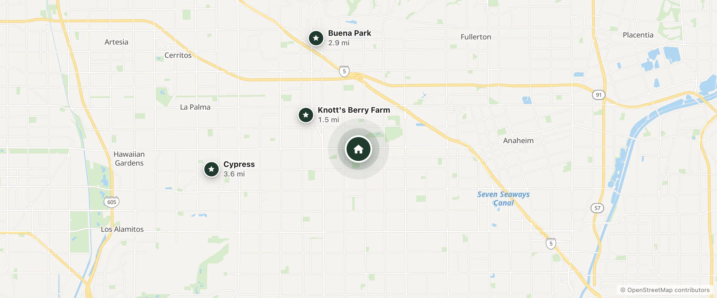 Map of Crest Motel and nearby Knott's Berry Farm, Buena Park and Cypress