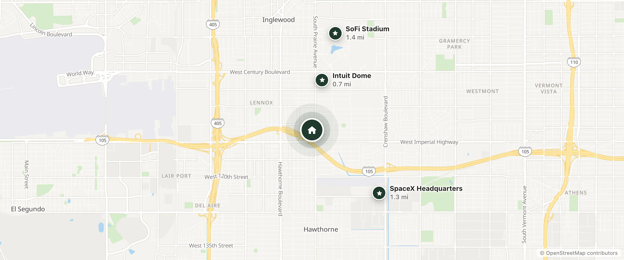 Map of Crystal Inn Suites & Spas LAX and nearby Intuit Dome, SpaceX Headquarters and SoFi Stadium