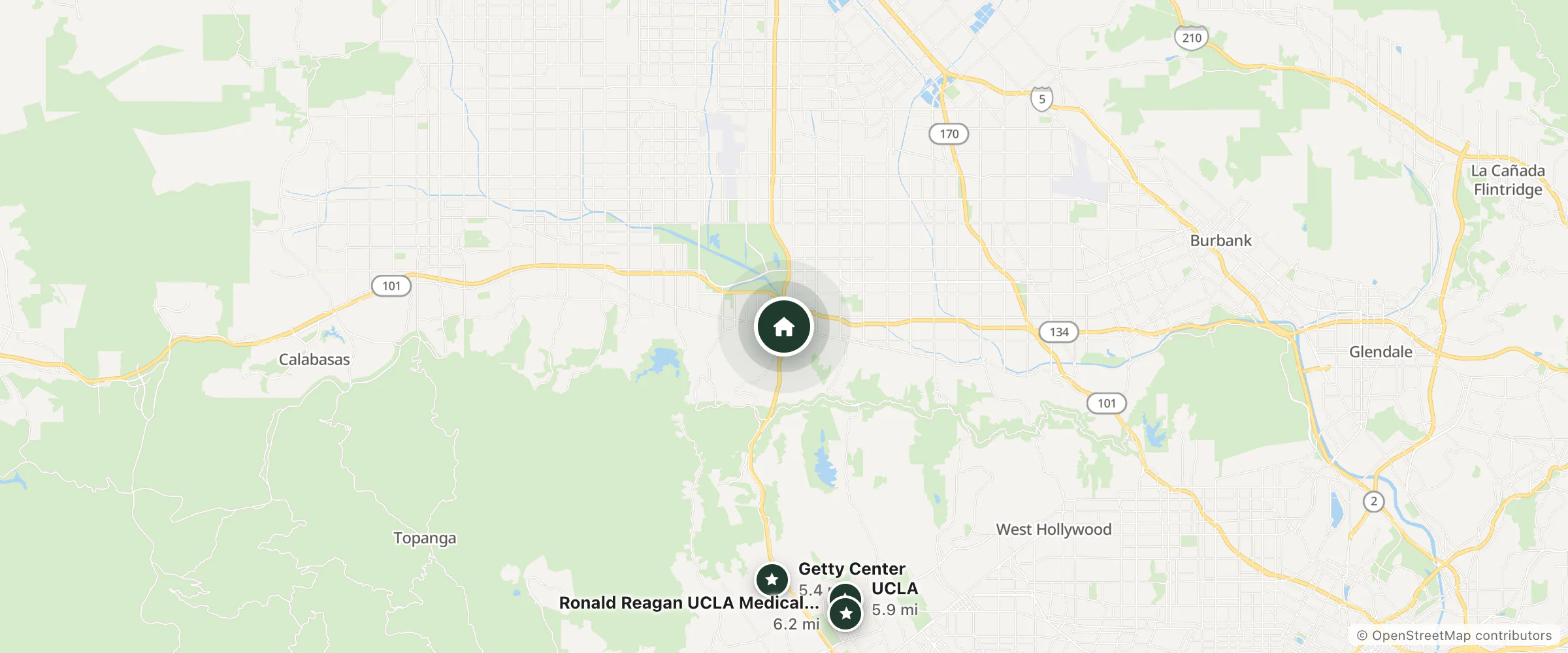 Map of Courtyard By Marriott and nearby Getty Center, UCLA and Ronald Reagan UCLA Medical Center