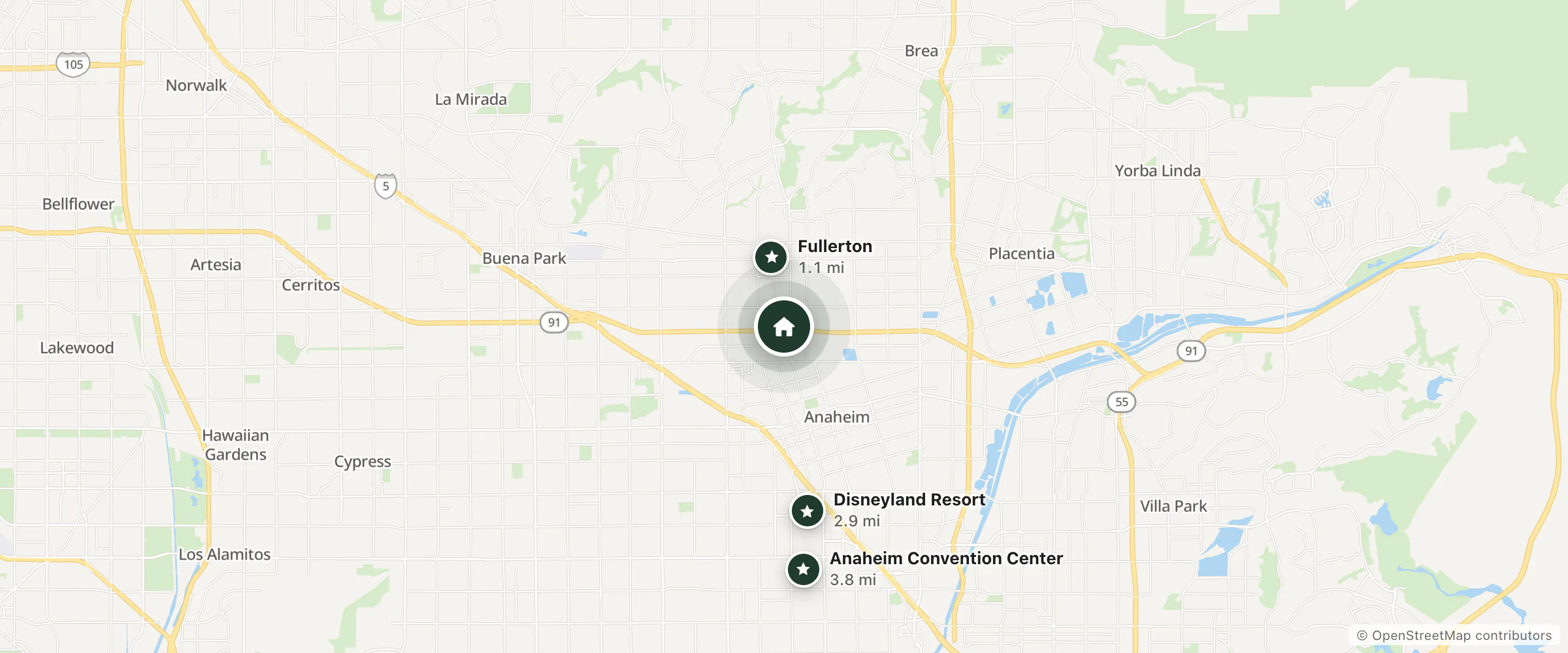 Map of Holiday Inn Express Fullerton - Anaheim and nearby Fullerton, Disneyland Resort and Anaheim Convention Center
